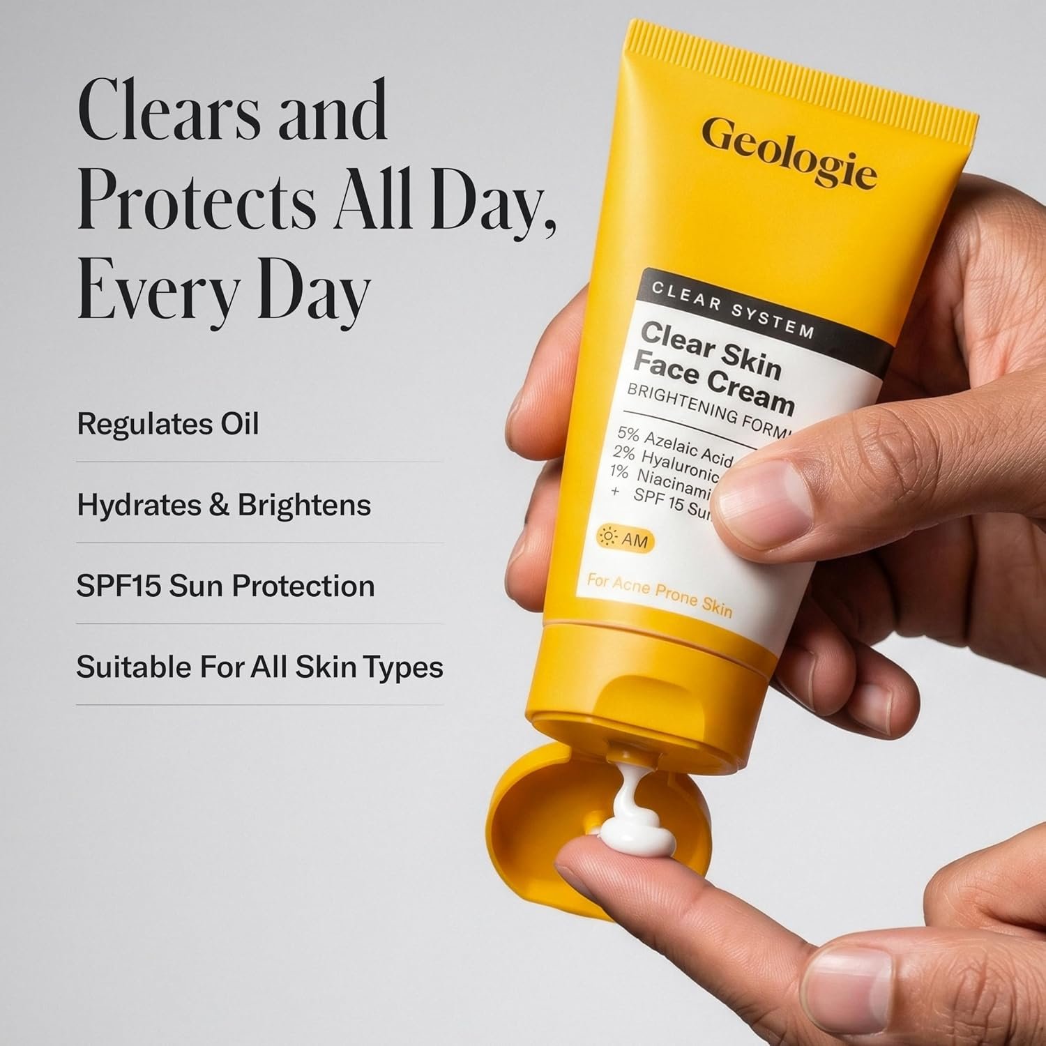 Geologie Clear Skin Face Cream | Clear System Daily Moisturizer with SPF15 for Acne-Prone Skin | Azelaic Acid, Niacinamide & Hyaluronic Acid | Lightweight & Oil Free | 60 ML - Image 2