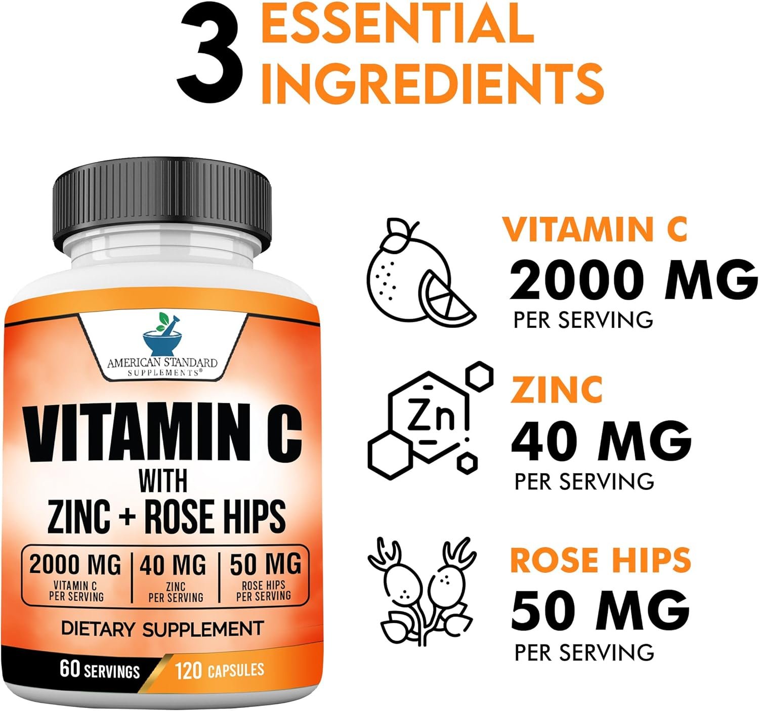 American Standard Supplements Vitamin C 2000mg, Zinc 40mg, and Rose Hips 50mg Per Serving, Vegan, Gluten Free, Non-GMO (120 Count) - Image 3
