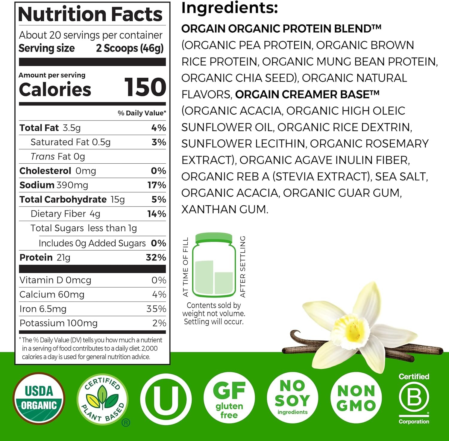 Orgain Organic Vegan Protein Powder, Vanilla Bean - 21g Plant Protein, 6g Prebiotic Fiber, No Lactose Ingredients, No Added Sugar, Non-GMO, for Shakes & Smoothies, 2.03 lb (Packaging May Vary) - Image 2
