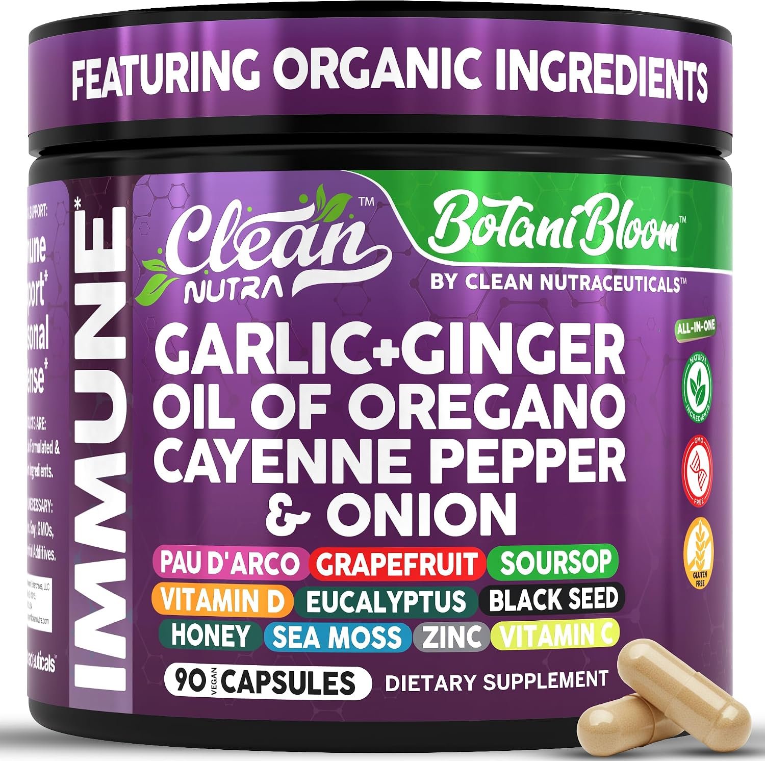 Clean Nutra Garlic Ginger Oil of Oregano Cayenne Pepper Grapefruit Soursop Black Cumin Sea Moss Black Pepper Vitamin C and Zinc VIT C Detox Gut Health Black Seed Cleanse 90 Vegan Capsules