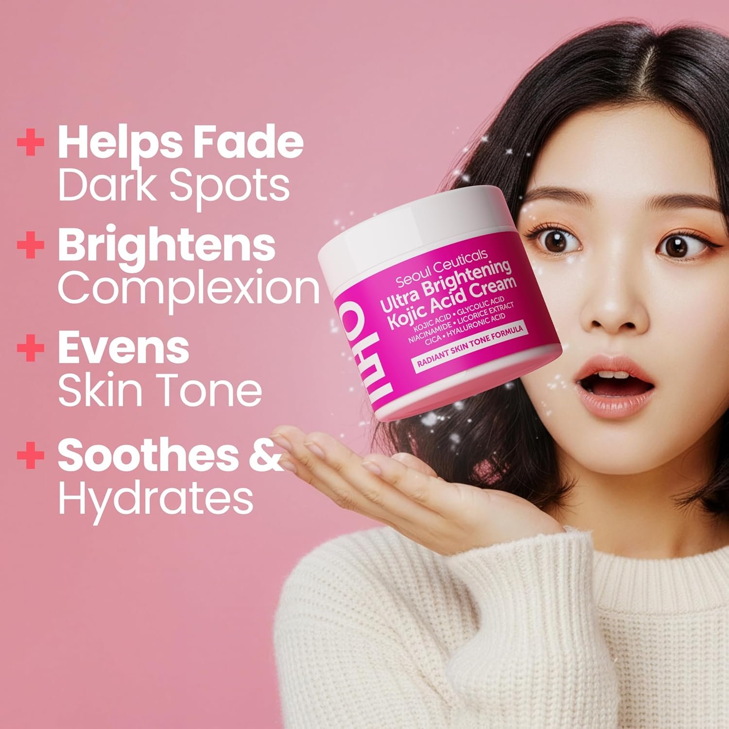 SeoulCeuticals Korean Kojic Acid Cream Dark Spot Remover + Glycolic Acid + Niacinamide + Cica + HA Moisturizer - Cruelty Free K Beauty Skincare 2oz - Image 2