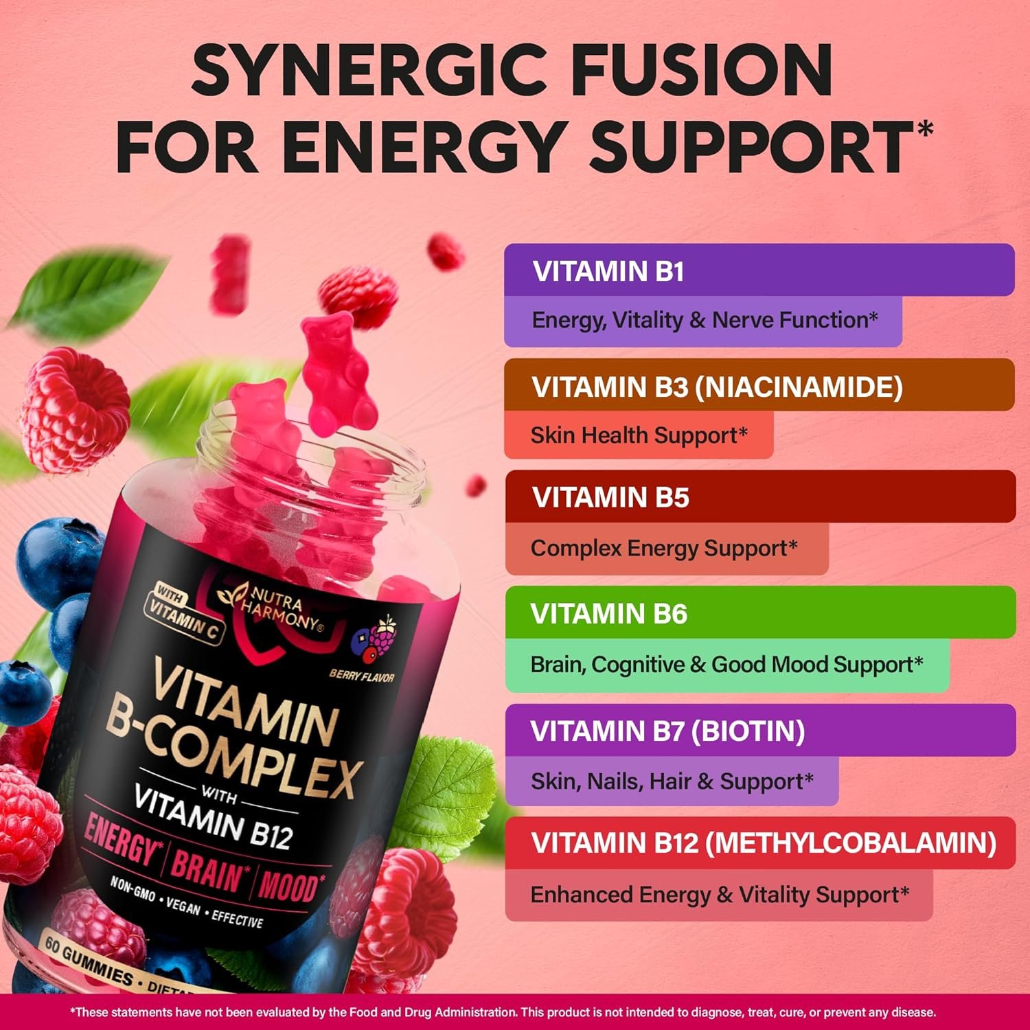 Vitamin B-Complex Gummies for Women & Men - Vitamin B12, B1, B2, B3, B5, B6, B7 & B9 - B Complex with Vitamin C & Choline - Energy, Brain & Mood - Natural Berry Flavor, Vegan - 60 Gummies for 2 Months - Image 4