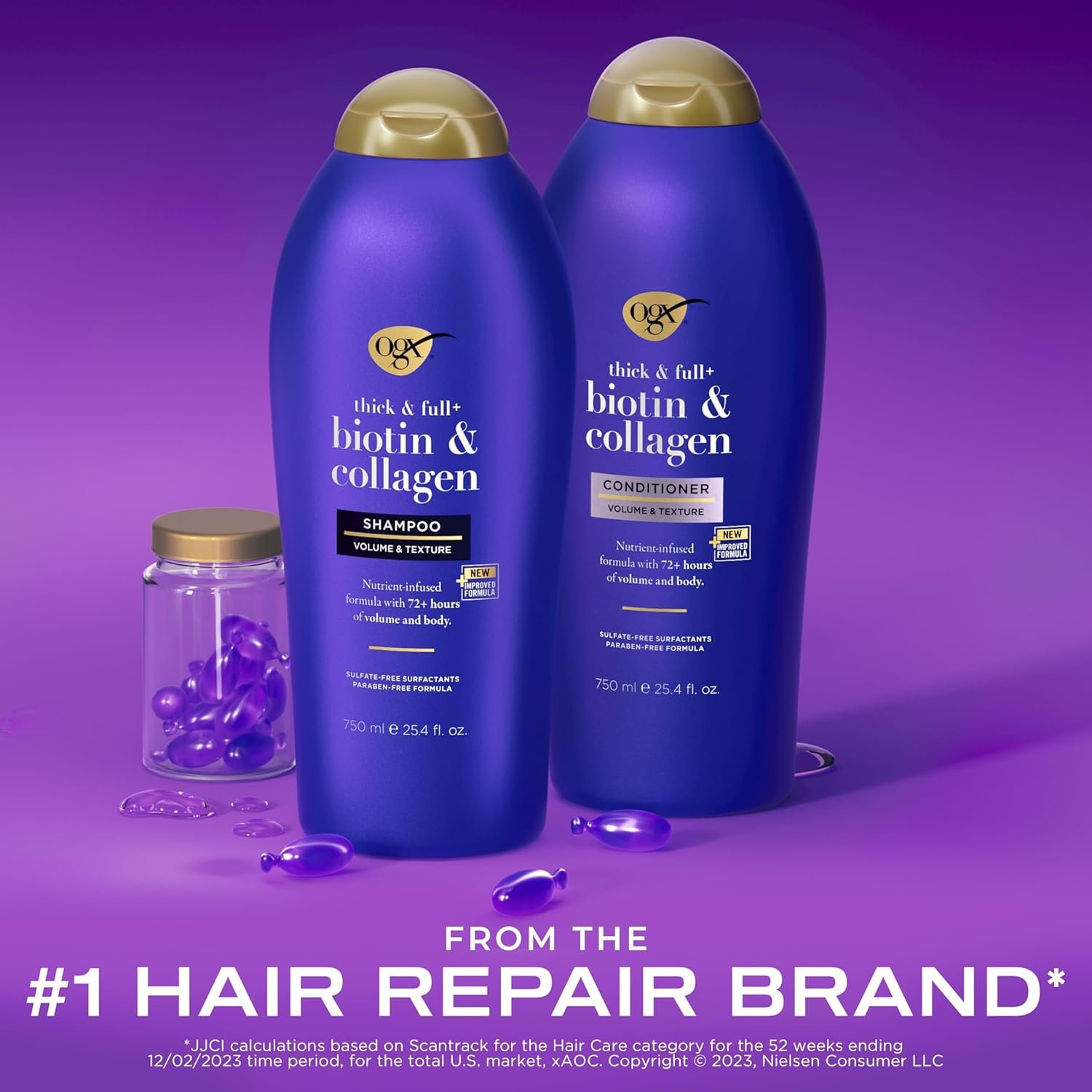 OGX Shampoo and Conditioner Set, Thick and Full + Biotin and Collagen, Purple, Helps Thicken and Texturize Hair, Ideal for Flat to Medium Volume Hair, 25.4 FL OZ, 2 Pack - Image 2