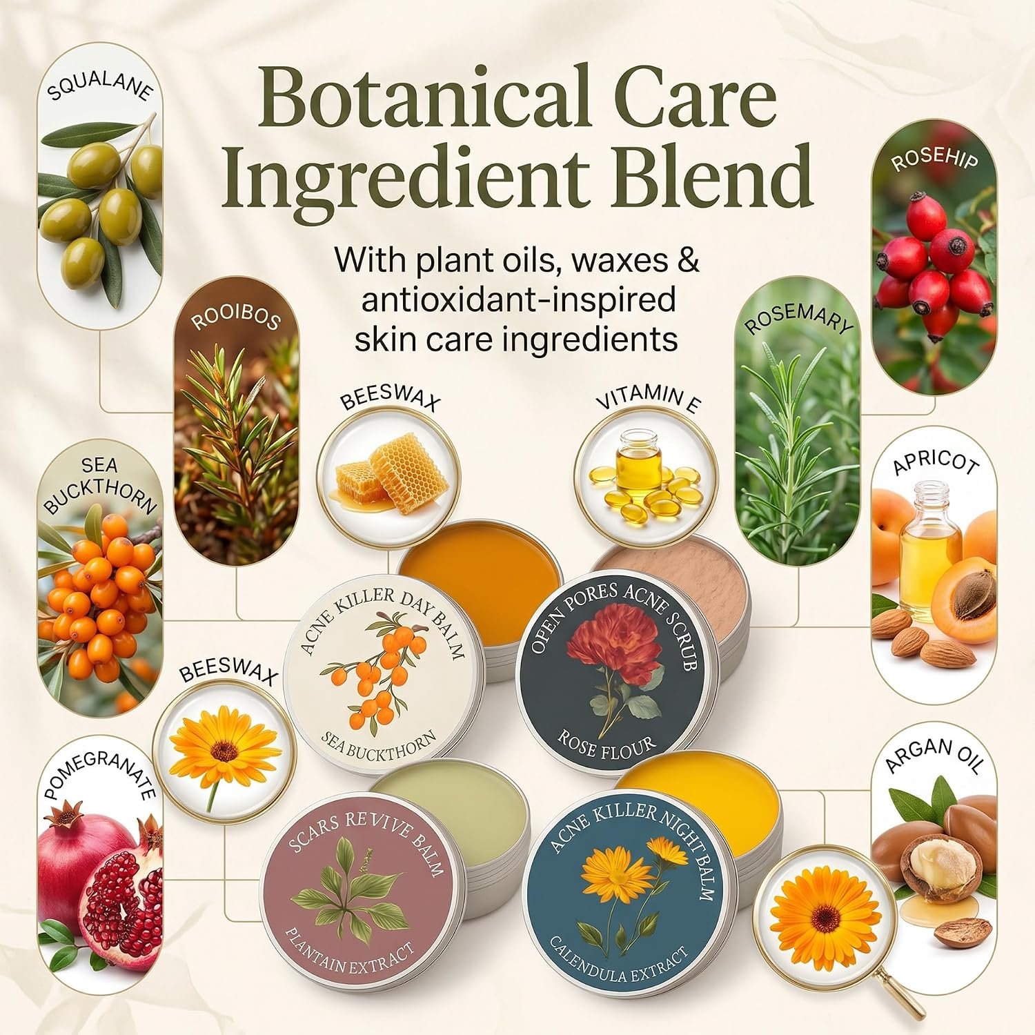 Organics Acne Balm Set with Squalane Oil, Calendula, Sea Buckthorn, Rosehip & Arnica, 4-Piece Balm & Scrub Kit for Uneven-Looking Skin, Pore-Area Texture & Moisturizing Care, 1.05 oz / 30 ml (4PCS) - Image 3