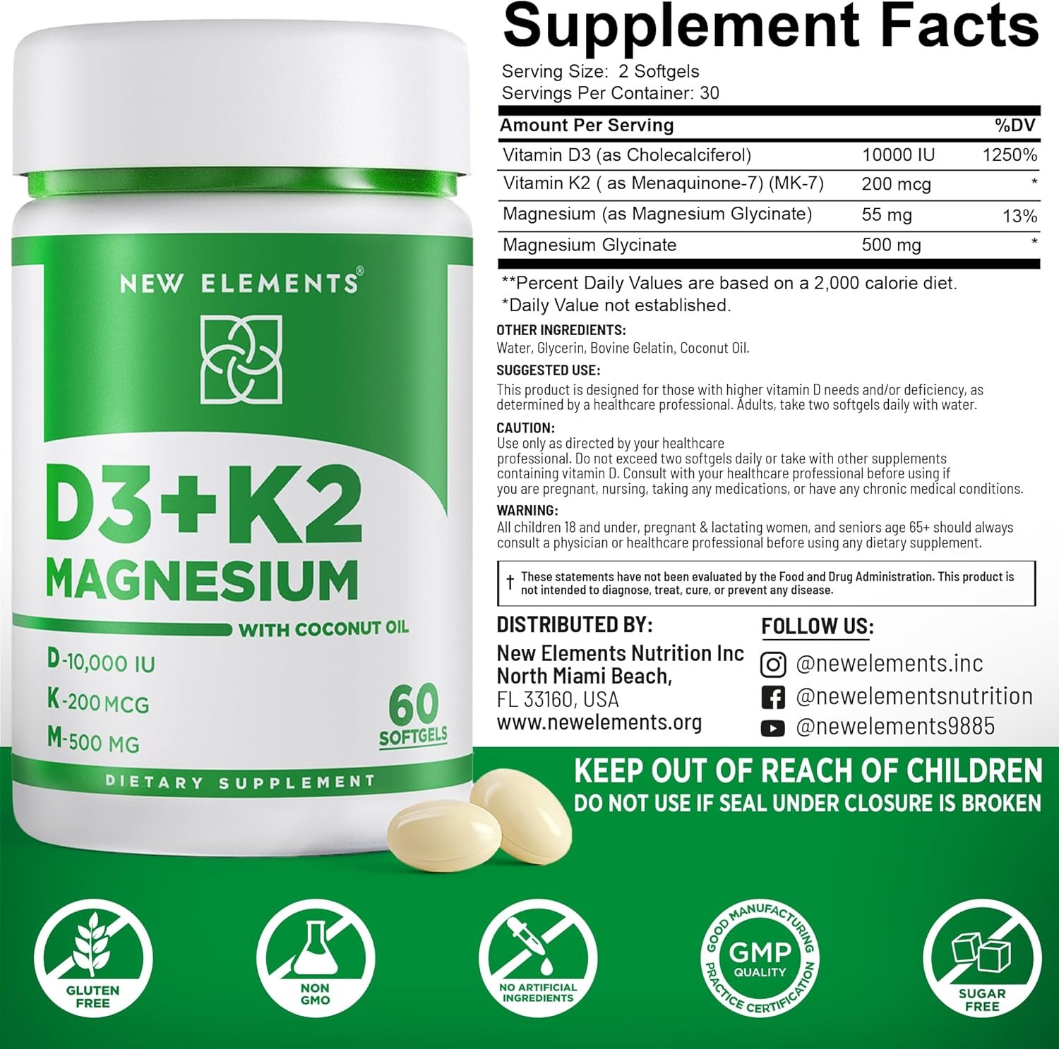 New Elements Vitamin D3 K2 10,000 IU with Magnesium Glycinate 500mg - Bone Health, Immune Support, Energy & Mood - Non-GMO, Gluten-Free, Sugar-Free Softgels for Women & Men (60 softgels) - Image 4