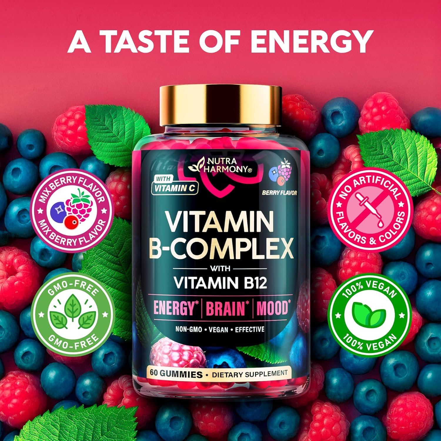 Vitamin B-Complex Gummies for Women & Men - Vitamin B12, B1, B2, B3, B5, B6, B7 & B9 - B Complex with Vitamin C & Choline - Energy, Brain & Mood - Natural Berry Flavor, Vegan - 60 Gummies for 2 Months - Image 6
