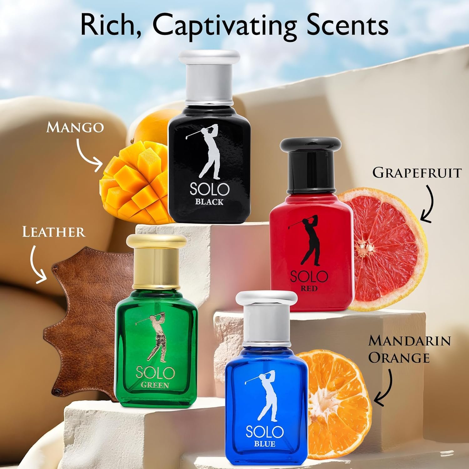 NovoGlow Solo 4-Piece Mini Fragrance Set for Men EDP - Solo Red, Blue, Black & Green - Combination of Woody, Citrus & Spicy Scents - Suitable For All Skin Types - Free of Paraben Each in 30ml Bottle - Image 2