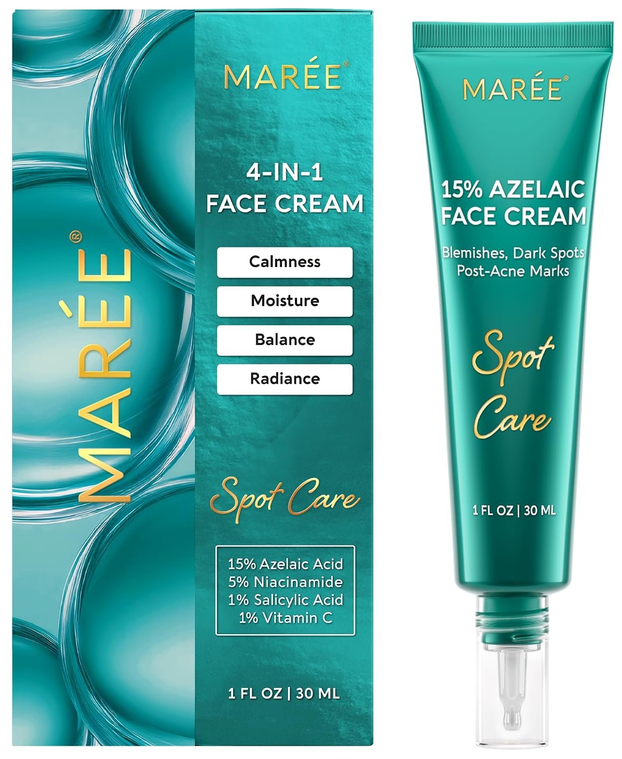 MAREE Azelaic Acid Face Cream – Azelaic Acid Treatment with Niacinamide & Salicylic Acid – Dark Spot Corrector for Face, Redness Relief, Smooth Even Skin Tone – Acido Azelaico for Acne Prone Skin