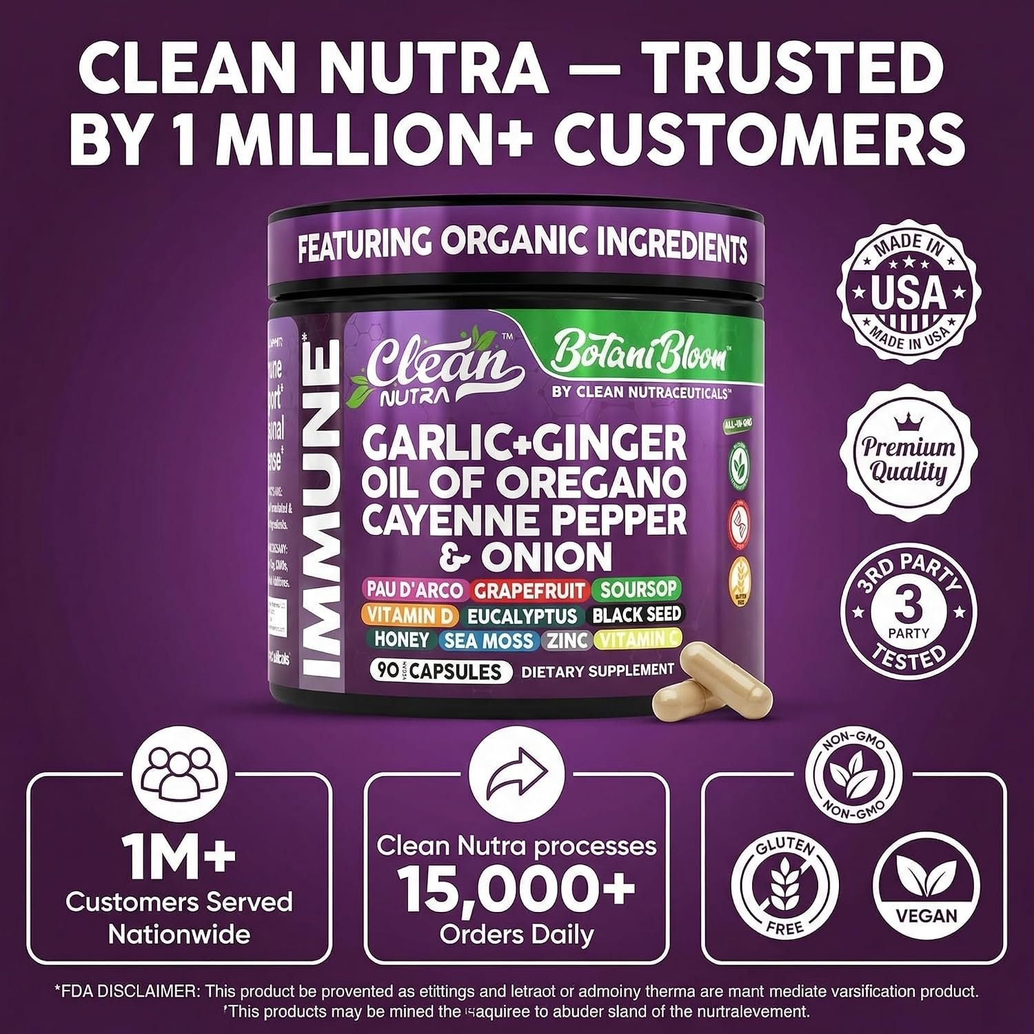 Clean Nutra Garlic Ginger Oil of Oregano Cayenne Pepper Grapefruit Soursop Black Cumin Sea Moss Black Pepper Vitamin C and Zinc VIT C Detox Gut Health Black Seed Cleanse 90 Vegan Capsules - Image 8
