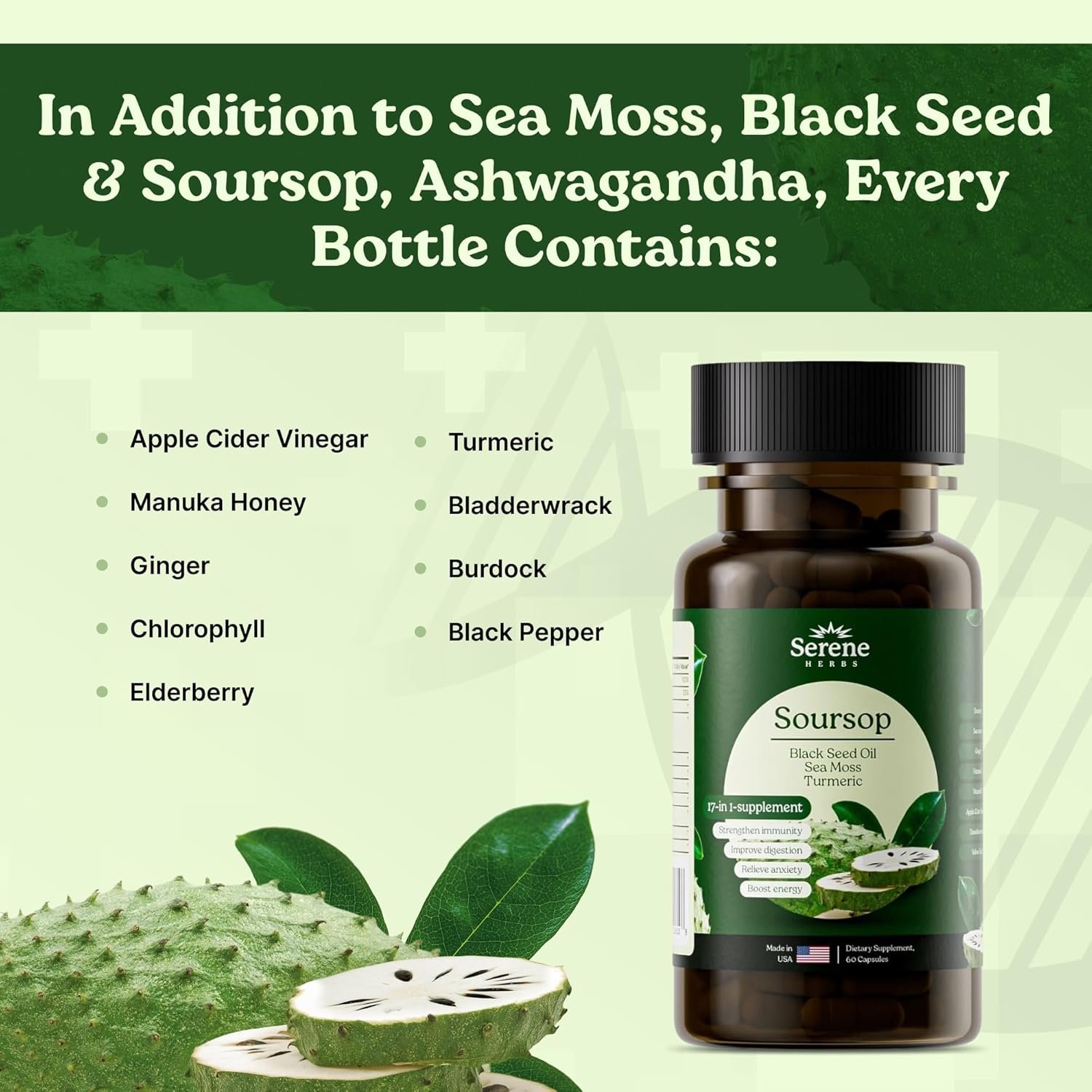 Serene Herbs 17-in-1 Sea Moss Capsules with Irish Seamoss, Black Seed Oil, Ashwagandha, Turmeric & Bladderwrack - Advanced Immunity, Energy & Gut Support - Natural Herbal Supplement - 60 Count - Image 4