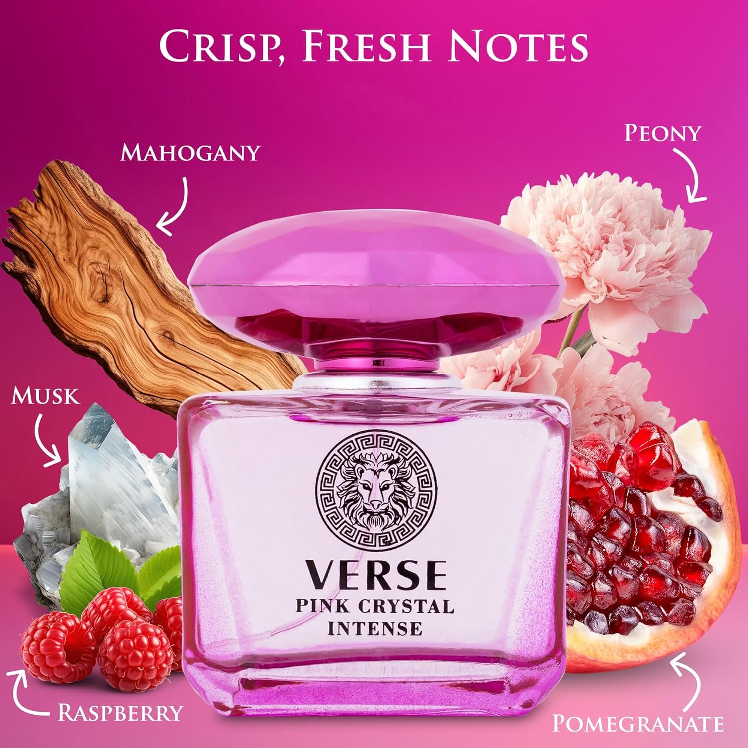 Verse Pink Crystal Intense for Women 3.4 fl Oz - Fruity & Floral Scents of Raspberry, Peony, Magnolia & Lotus Flowers - Base Notes of Amber, Vibrant Musk & Deep Mahogany Wood - Elegant 100ml Bottle - Image 3