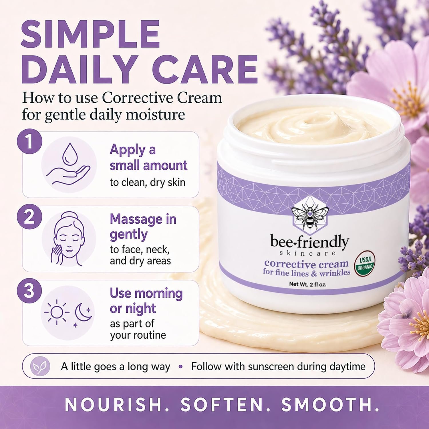 BeeFriendly® Organic Corrective Cream Face Moisturizer, 2 oz | USDA Certified, Revitalizing Facial Night Cream, For Sensitive Skin, Aids Fine Lines & Wrinkles, For Eyes, Face, Neck - Image 8