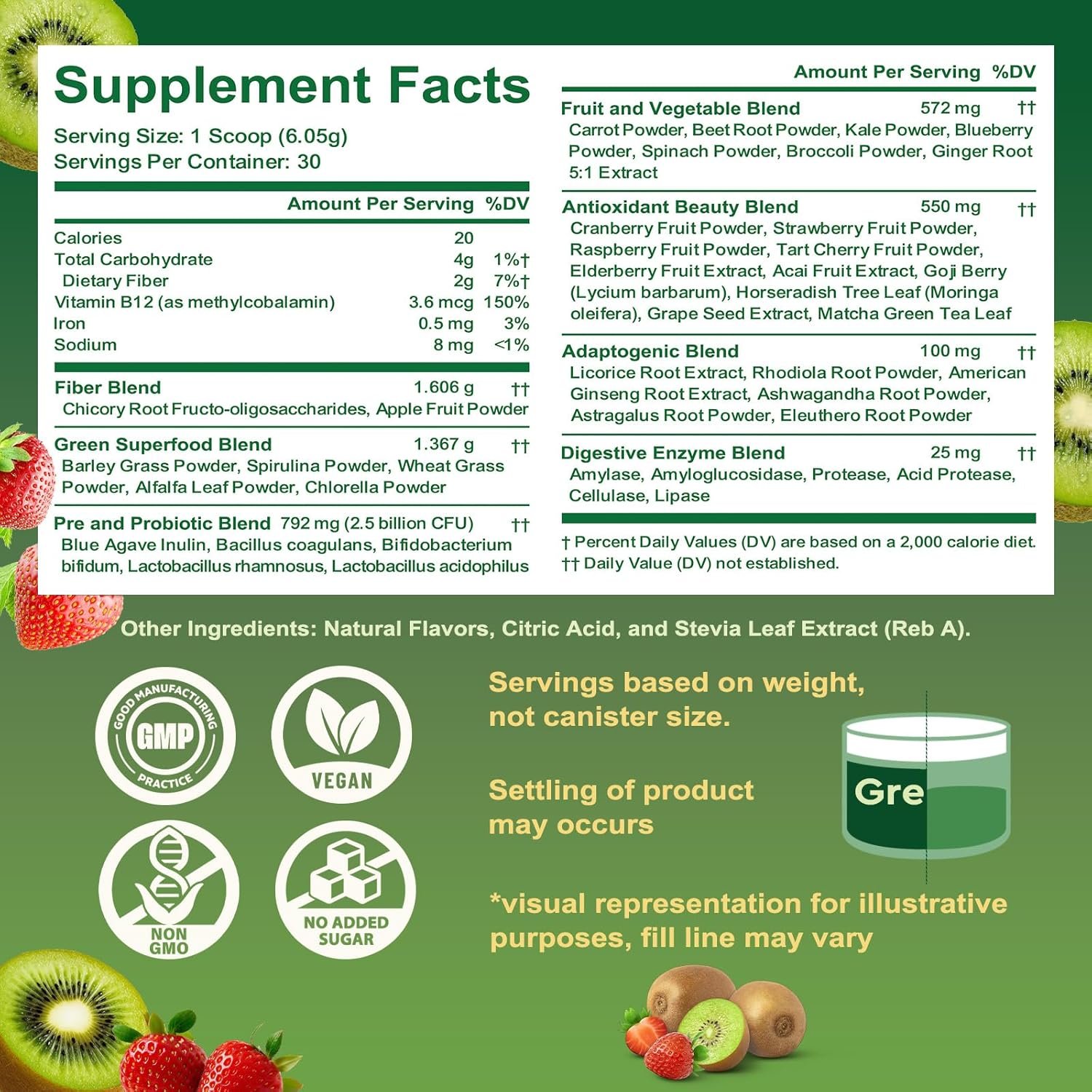 Super Greens Powder Superfood, Greens Juice Drink Mix with Spirulina, Chlorella, Adaptogens & Fiber, Digestive Enzymes, Pre + Probiotics Supplement for Women & Men Bloating & Gut Health, 30 Servings - Image 2