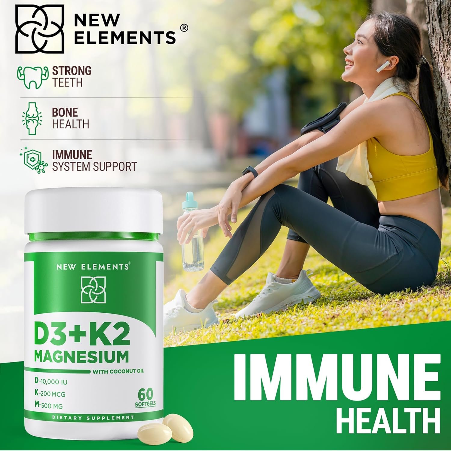 New Elements Vitamin D3 K2 10,000 IU with Magnesium Glycinate 500mg - Bone Health, Immune Support, Energy & Mood - Non-GMO, Gluten-Free, Sugar-Free Softgels for Women & Men (60 softgels) - Image 5