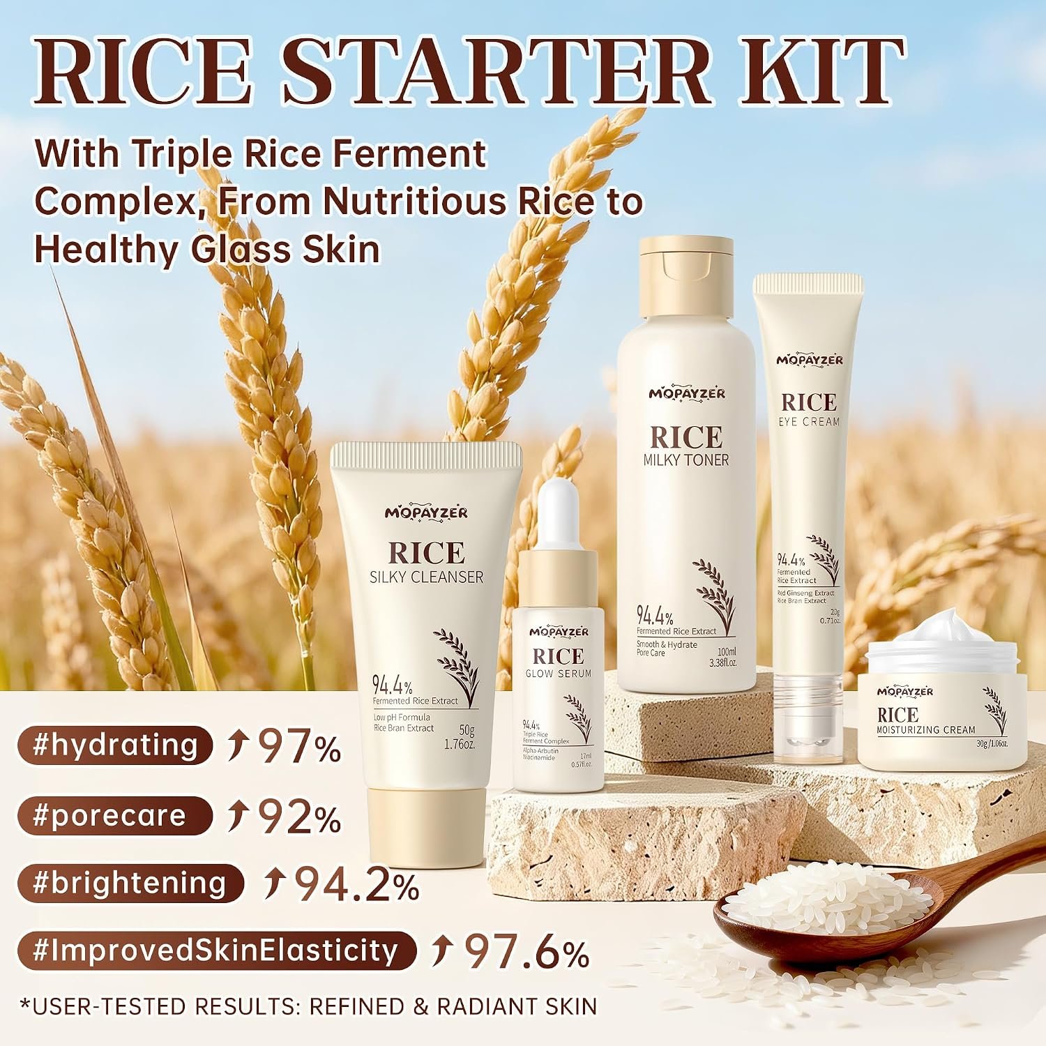 5PCS Rice Skincare Set, Korean Skin Care Set for Women Teens Girls, Rice Cleanser Toner Serum Face Cream Eye Cream, Hydrating Moisturizing Skin Care Set for Daily Face Care Routine - Image 2