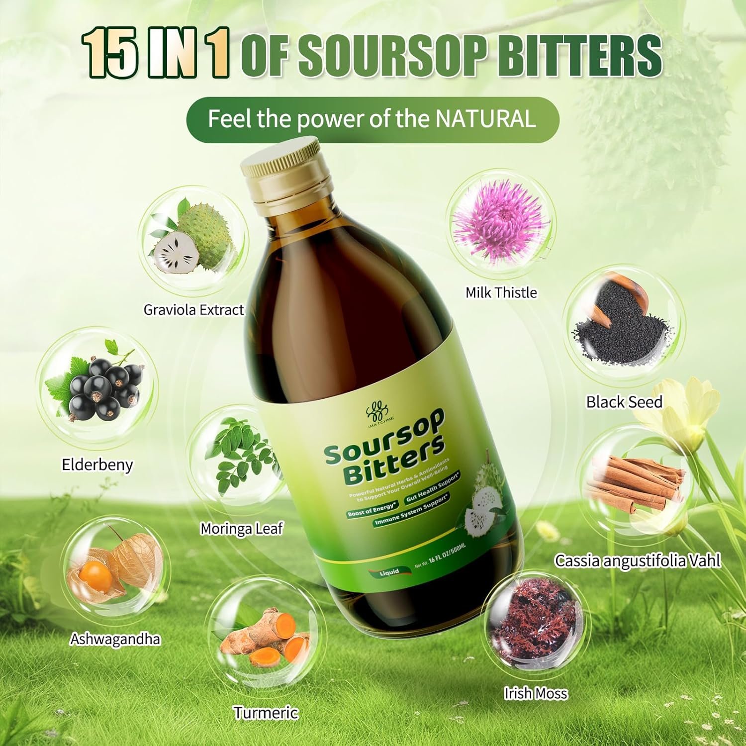 Soursop Bitters Liquid for Digestive Health,Gut Detox&Cleanse,Antioxidant,Immune Support,Skin Health-Pure 15 Herb Guanabana Tea with Black Seed,Moringa & Turmeric,98% High Absorption,Non-GMO 16 fl oz - Image 3