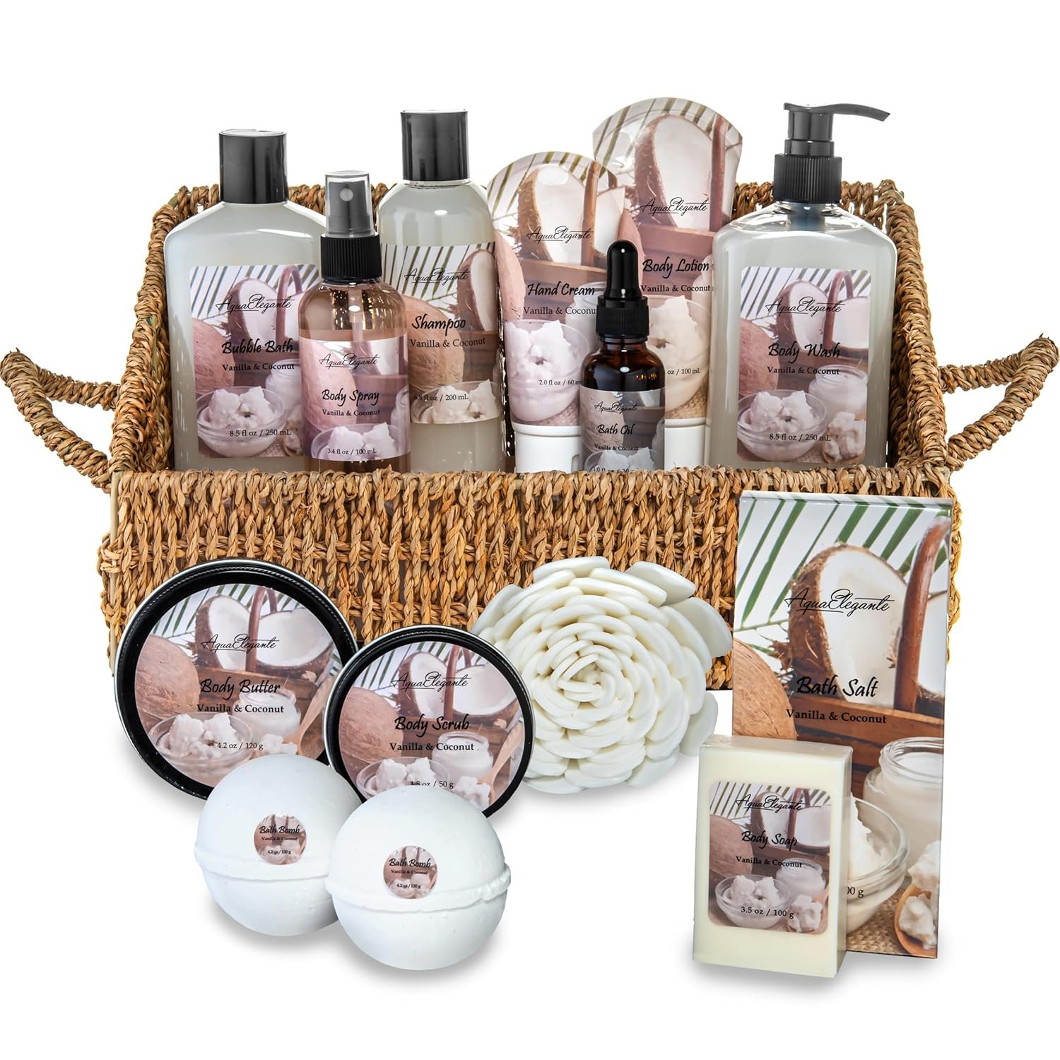 Aqua Elegante Bath Spa Gift Set - 15 Piece Premium Basket with Wash, Bubble Bath, Lotion, Salts, Body Scrub, Towel, Shower Puff, Bathbombs, Reusable Basket, Gifts for Women - Coconut & Vanilla