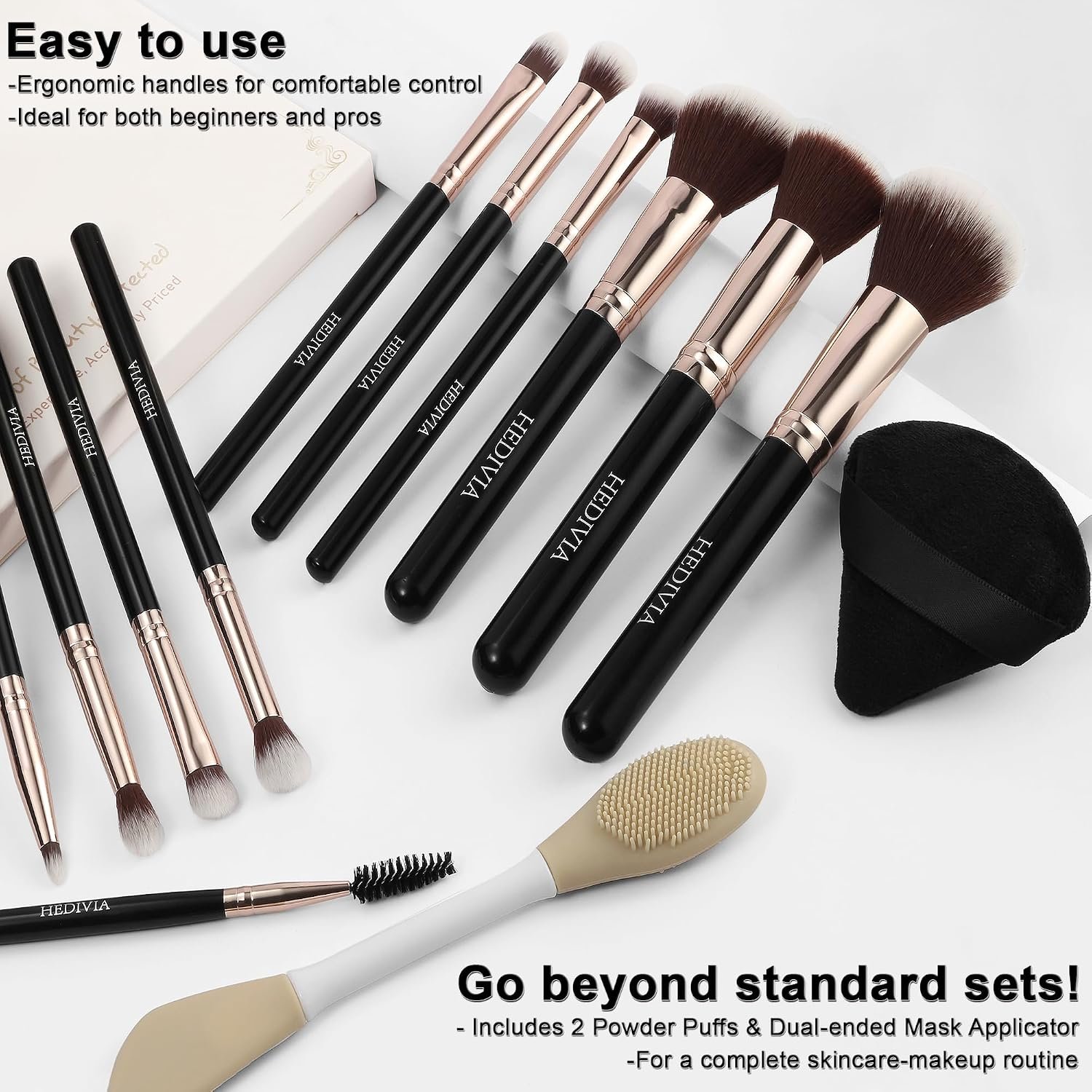Black Makeup Brushes Set 14 Pcs Professional, Premium Synthetic Foundation Makeup Brush Concealer Powder Blush Eyeshadow Brushes with 2 Powder Puff & Dual-ended Mask Applicator.Gifts for Girls - Image 6