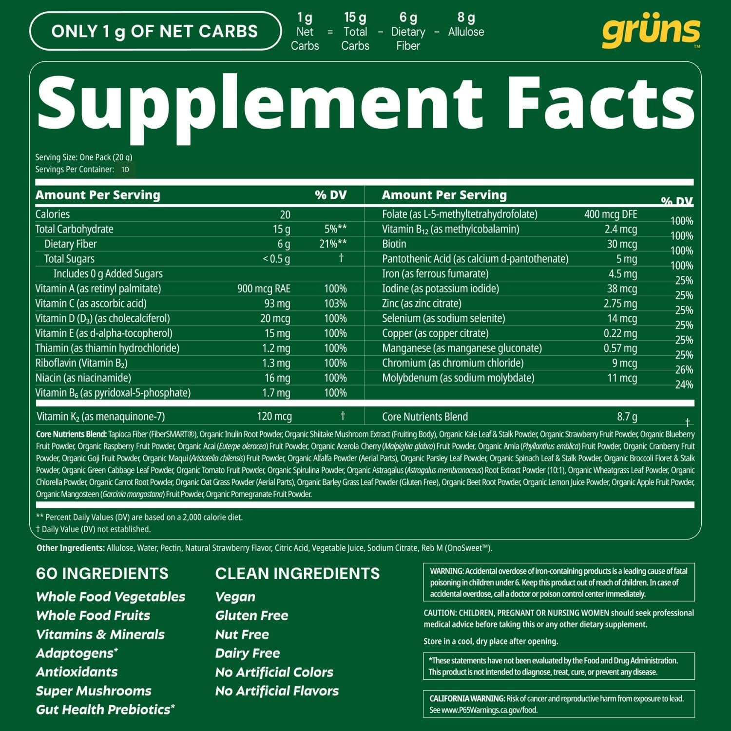 Gruns Sugar-Free Super Greens Gummies, Multivitamin Superfood Gummy Bears, Spirulina, Chlorella, Prebiotics & Fiber gummies for Digestive Health, Adaptogens Supplement, 20 Vitamins & Minerals, 10 pack - Image 8