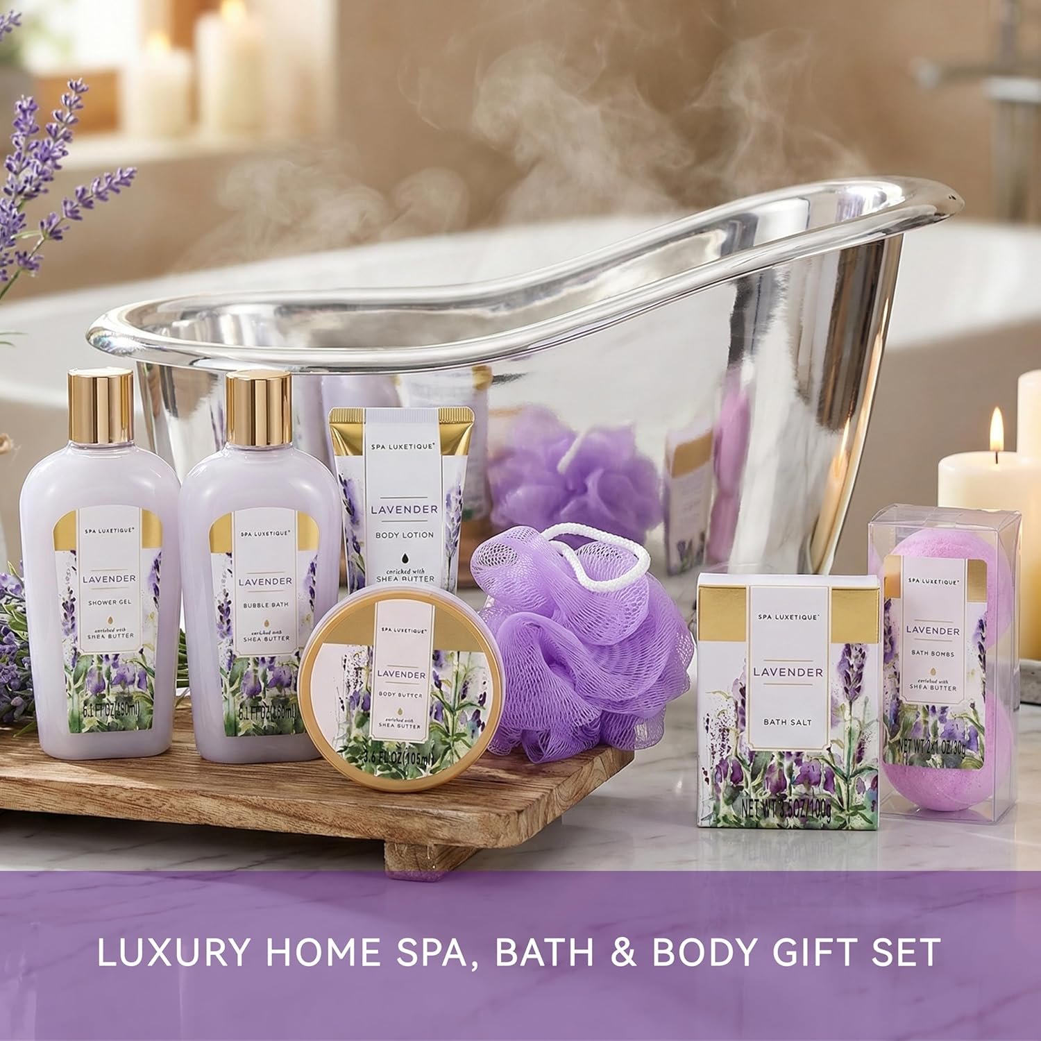 spa luxetique Spa Gifts for Women, Gift Basket, 8 Pcs Lavender Bath Sets with Bubble Bath, Lotion Sets, Birthday Anniversary Gifts for Her, Self Care Kit, Mothers Day Gift for Mom - Image 4