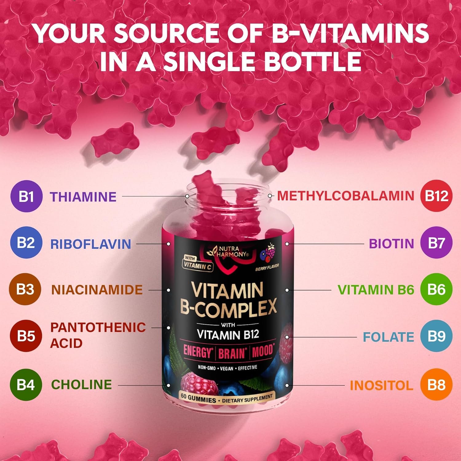 Vitamin B-Complex Gummies for Women & Men - Vitamin B12, B1, B2, B3, B5, B6, B7 & B9 - B Complex with Vitamin C & Choline - Energy, Brain & Mood - Natural Berry Flavor, Vegan - 60 Gummies for 2 Months - Image 5