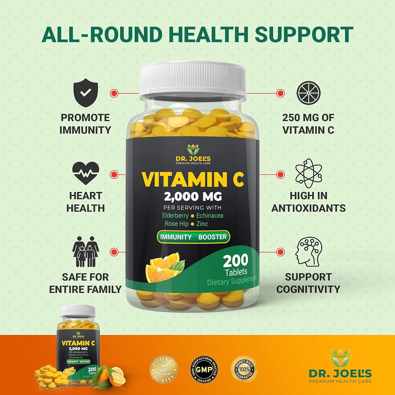 Dr. JOEL'S Immune Support Vitamin C 2000 mg - 200 Tablets - with Zinc, Elderberry, Rose Hip, Echinacea - Boosts Immune System- Made in USA - Image 5