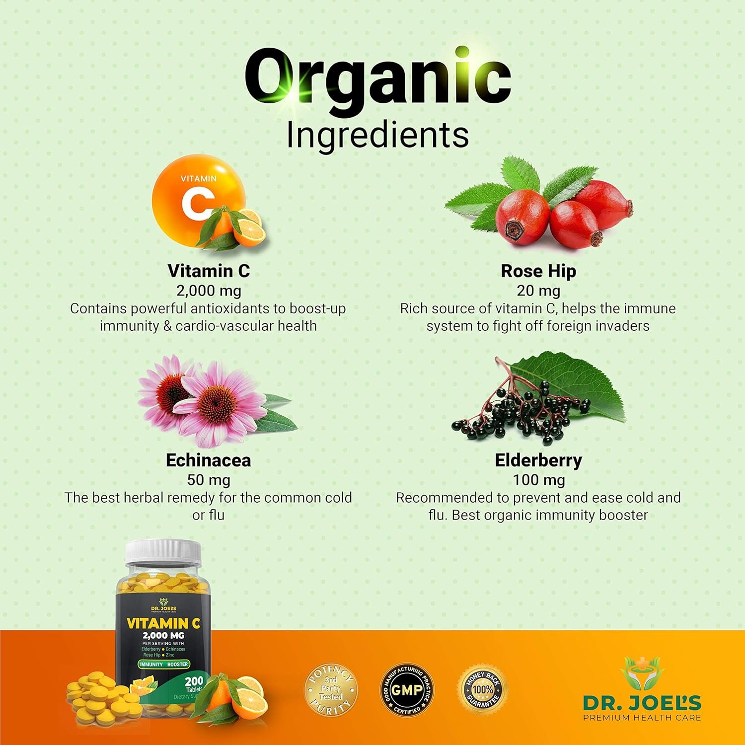 Dr. JOEL'S Immune Support Vitamin C 2000 mg - 200 Tablets - with Zinc, Elderberry, Rose Hip, Echinacea - Boosts Immune System- Made in USA - Image 3