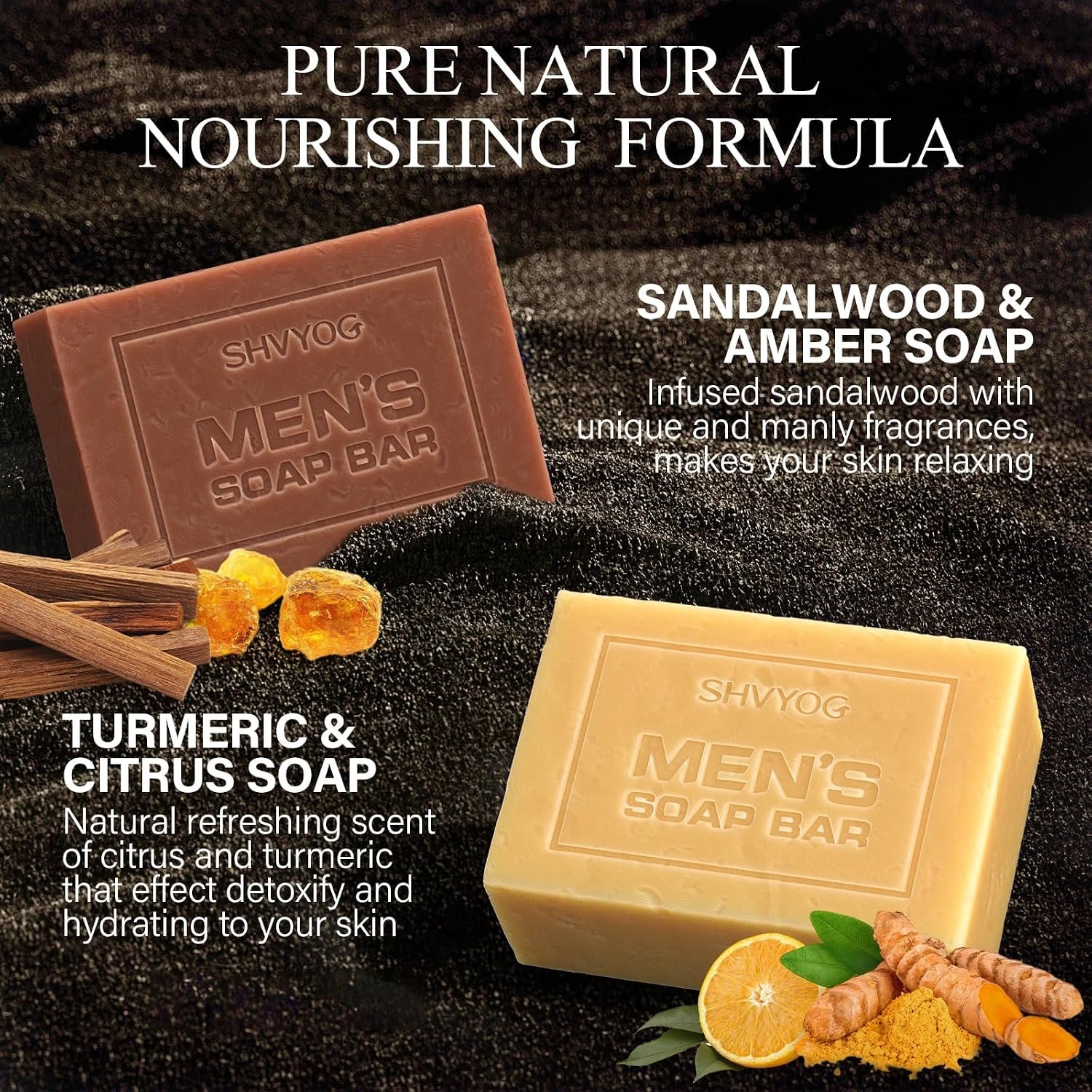SHVYOG Mens Soap, 4 Pack Mens Bar Soap, Gift for Men Natural Cold Pressed Handmade Exfoliating Soap, Deep Cleansing, Moisturizing Bar Soap, Sandalwood Amber, Mint, Charcoal, Turmeric - 150G*4 - Image 2