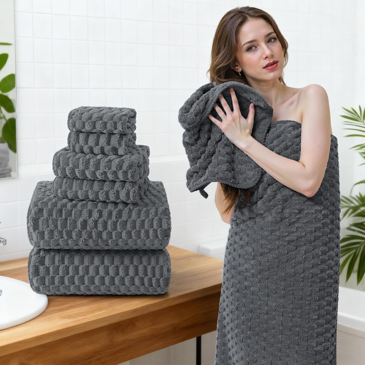 REDKISS Gray Bath Towel Sets XL - 35"x70" Extra Large Bathroom Towels of 6, Super Soft Oversized Bath Sheets for Adults, Microfiber Baths Towels Set, Luxury Shower Towel for Bathroom Hotel - Image 4