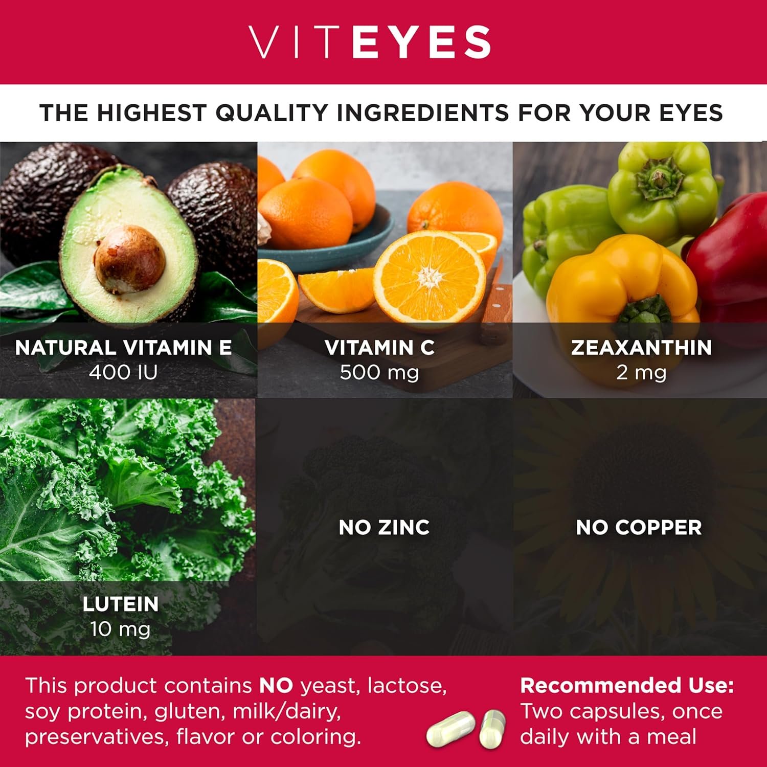 Viteyes AREDS 2 Zinc Free Macular Support, Natural Allergen Free Capsules with Vitamin E, Vitamin C, Lutein & Zeaxanthin, No Zinc, No Copper, Eye Doctor Trusted, Manufactured in the USA, 180 Ct - Image 3
