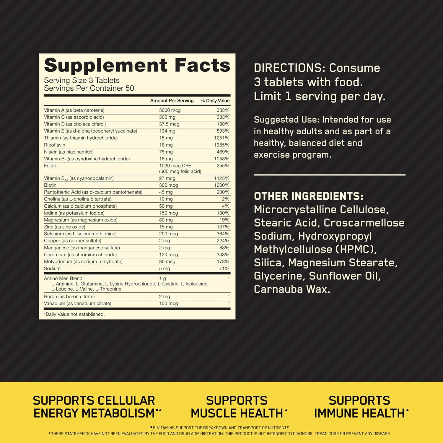 Optimum Nutrition Opti-Men, Vitamin C, Zinc and Vitamin D, E, B12 for Immune Support Mens Daily Multivitamin Supplement, 150 Count (Packaging May Vary) - Image 2