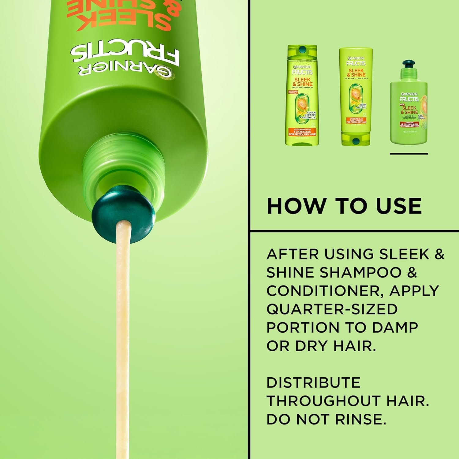 Garnier Fructis Sleek and Shine Intense Smooth Leave In Conditioner, Conditioning Hair Cream for Frizzy, Dry Hair, Plant Keratin + Argan Oil, 10.2 Fl Oz (Pack of 2) - Image 4