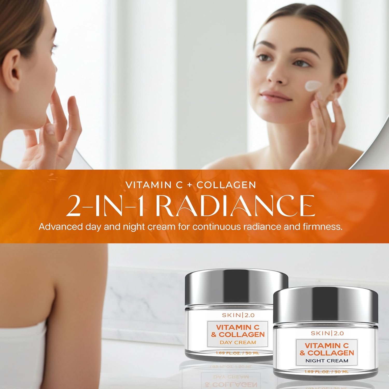 Skin 2.0 Vitamin C & Collagen Face Moisturizer – Anti Aging Day & Night Cream for Smooth & Radiant Skin, Firms & Restores Dull Complexion – Dermatologist Tested, Korean Skin Care Set, Vegan – Duo Pack - Image 2