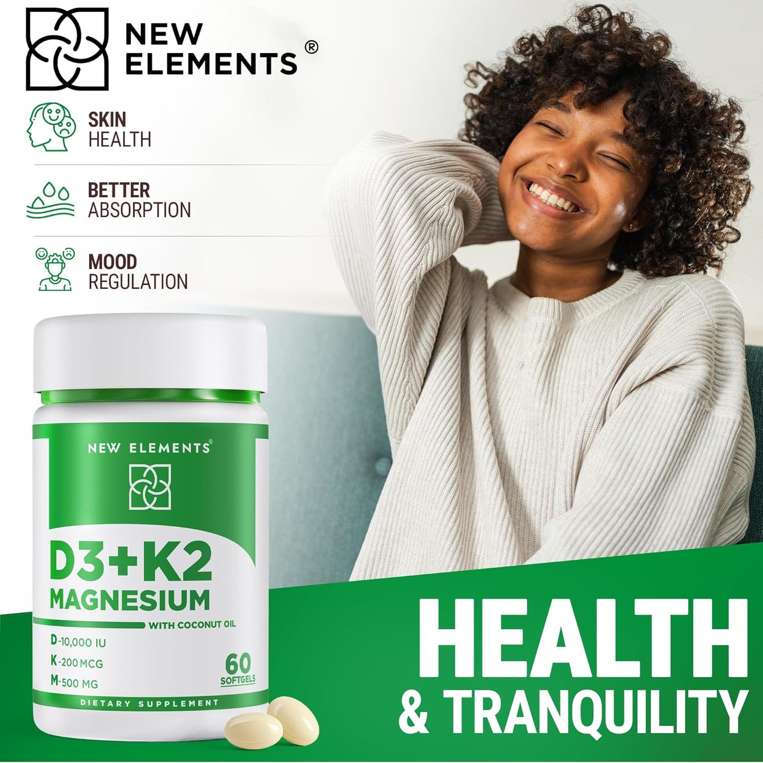 New Elements Vitamin D3 K2 10,000 IU with Magnesium Glycinate 500mg - Bone Health, Immune Support, Energy & Mood - Non-GMO, Gluten-Free, Sugar-Free Softgels for Women & Men (60 softgels) - Image 6
