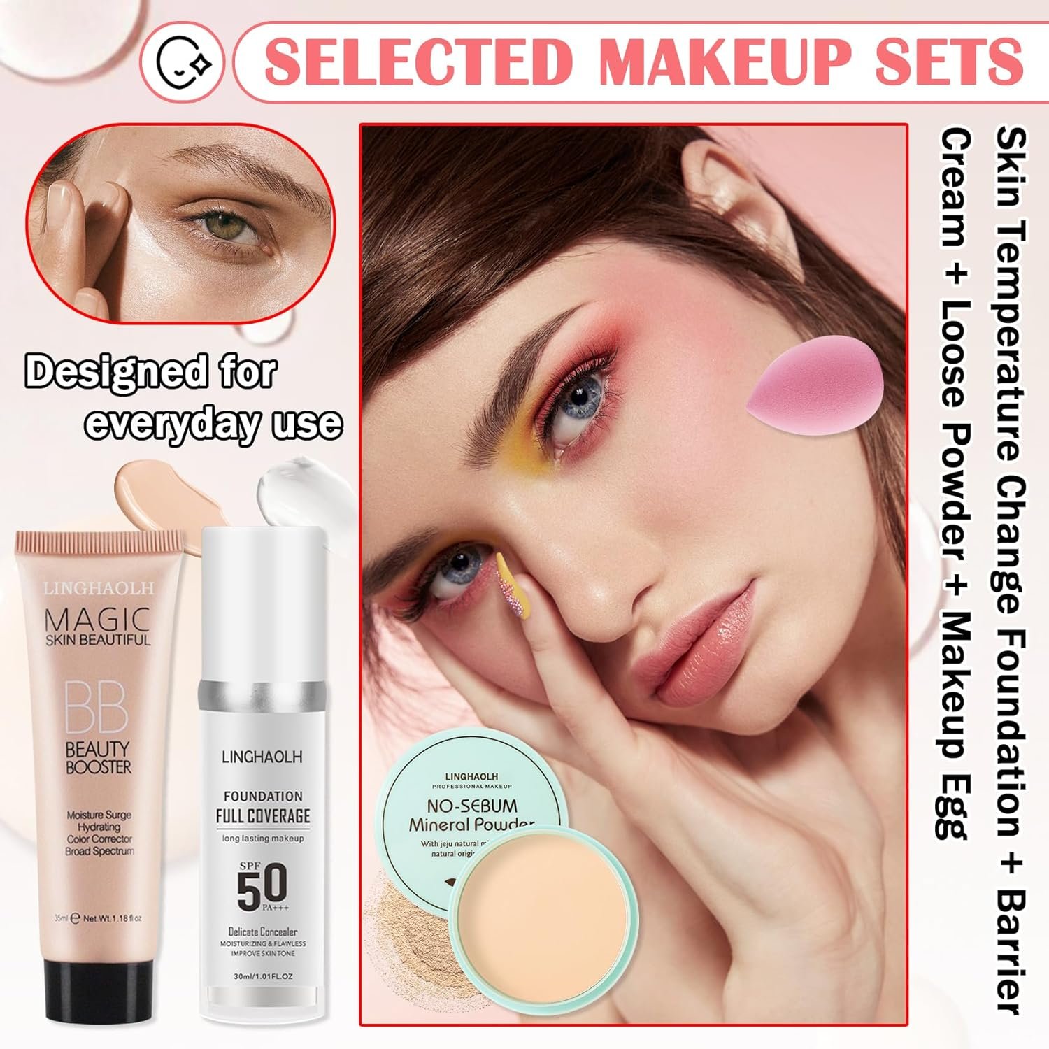 Color Changing Liquid Foundation & Full Coverage Concealer Foundation Face Primer Base Makeup Set,Moisturizing BB Cream & Loose Setting Face Powder with Makeup Sponge - Image 2