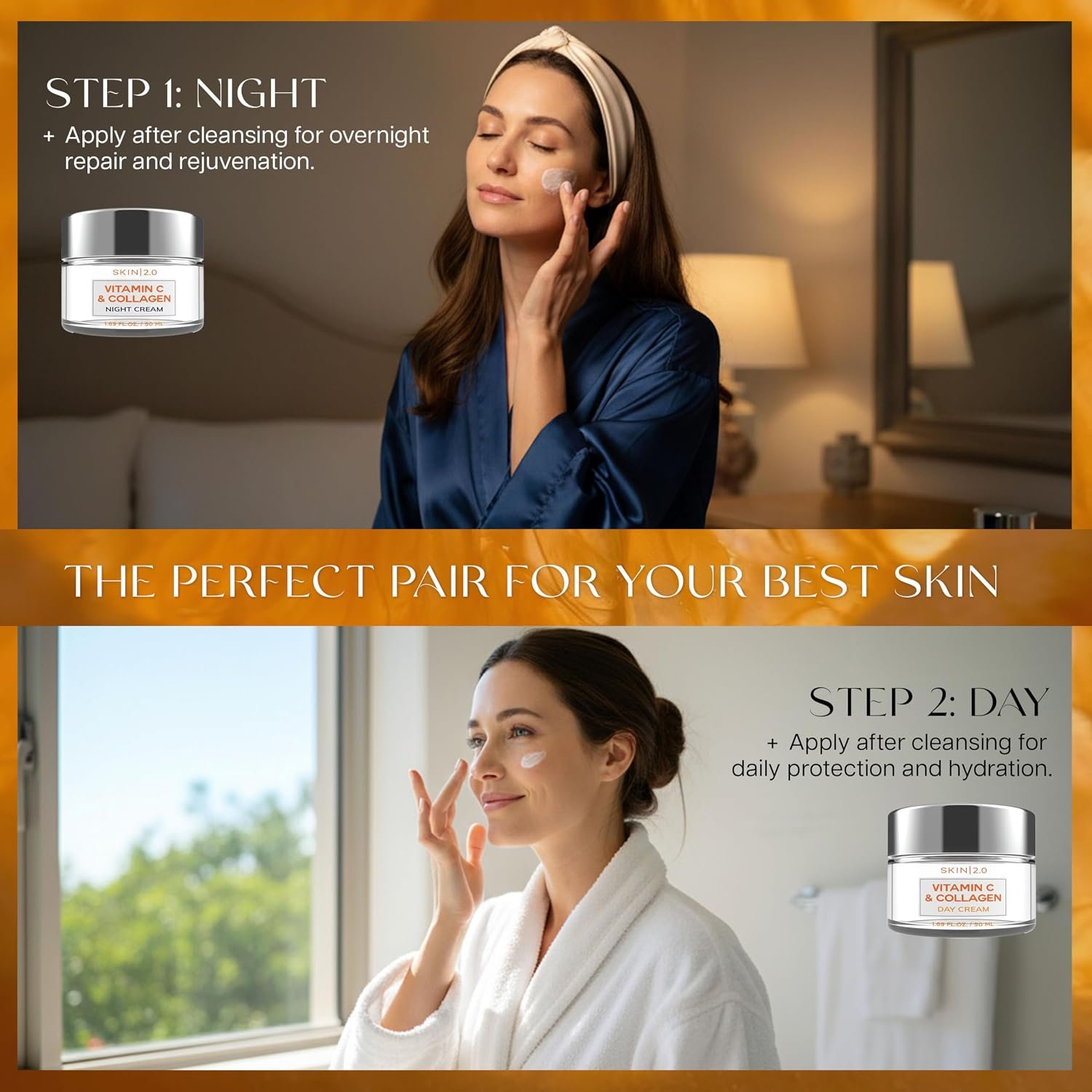 Skin 2.0 Vitamin C & Collagen Face Moisturizer – Anti Aging Day & Night Cream for Smooth & Radiant Skin, Firms & Restores Dull Complexion – Dermatologist Tested, Korean Skin Care Set, Vegan – Duo Pack - Image 5
