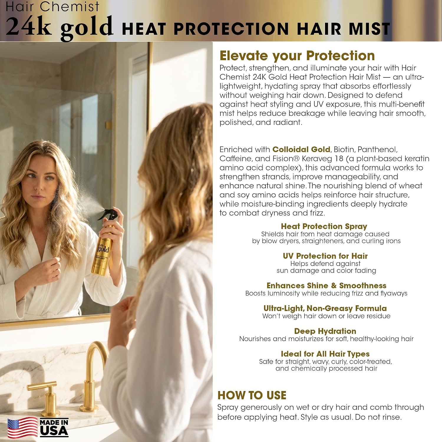 Hair Chemist 24K Gold 5-PC Complete Hair Care Set – Large Shampoo, Conditioner, Hair Oil, Hair Mist & Deep Hair Mask – Strengthening, Hydrating & Shine Enhancing for Dry, Damaged & Color-Treated Hair - Image 7