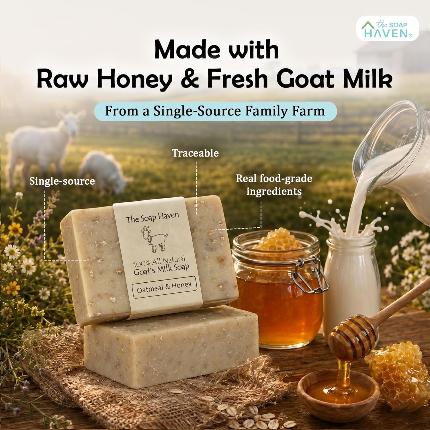 Oatmeal Soap - 4 Oatmeal & Honey Goat Milk Soap Bars, Handmade in USA, All Natural, Unscented, SLS Free, No Parabens - Image 2