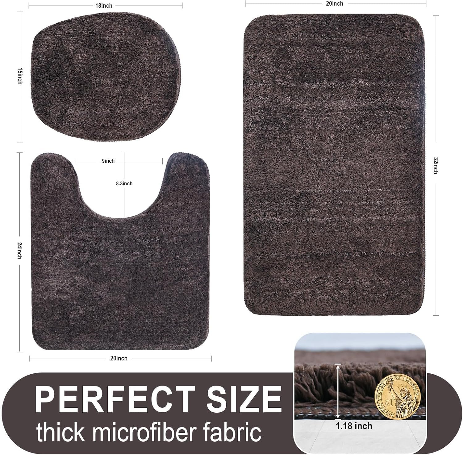 Bathroom Rugs Sets 3 Piece with Adjustable Toilet Seat Cover 17.5"x 15" Machine Washable Bath Rug Set with TPR Non Slip Rubber Backing Solid Bath Mat Set for Luxury Bathroom Decoration - Image 2