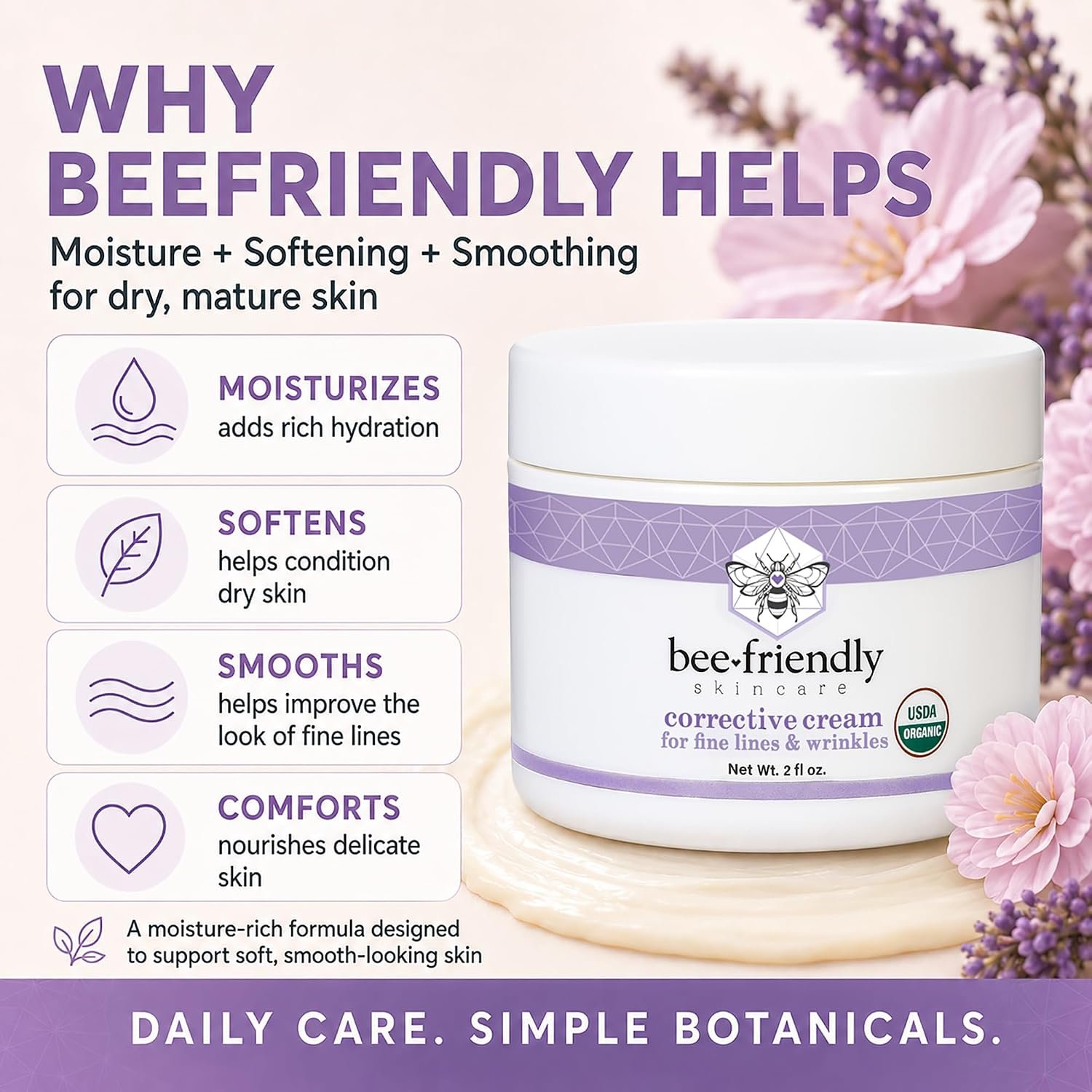 BeeFriendly® Organic Corrective Cream Face Moisturizer, 2 oz | USDA Certified, Revitalizing Facial Night Cream, For Sensitive Skin, Aids Fine Lines & Wrinkles, For Eyes, Face, Neck - Image 7