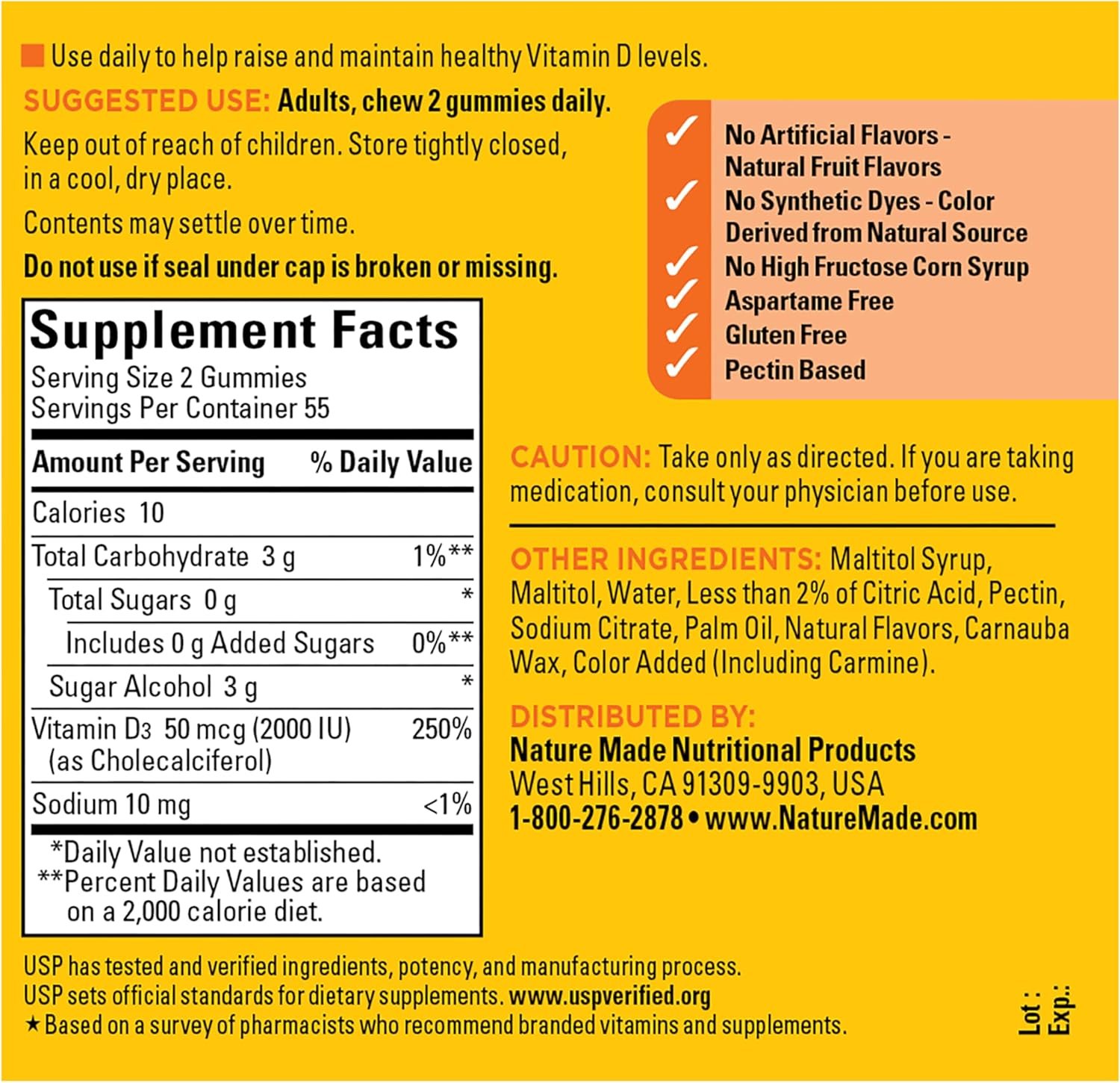 Nature Made Zero Sugar Vitamin D3 Gummies 2000 IU (50 mcg) Per Serving, Bone & Immune Support, Aspartame Free, 110 Vitamin D Gummies, 55 Day Supply - Image 11