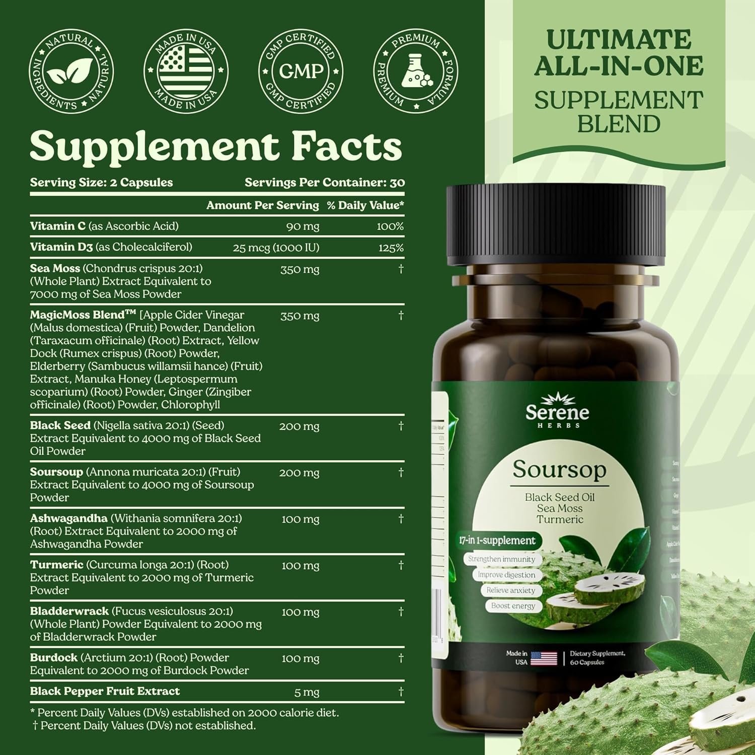 Serene Herbs 17-in-1 Sea Moss Capsules with Irish Seamoss, Black Seed Oil, Ashwagandha, Turmeric & Bladderwrack - Advanced Immunity, Energy & Gut Support - Natural Herbal Supplement - 60 Count - Image 6