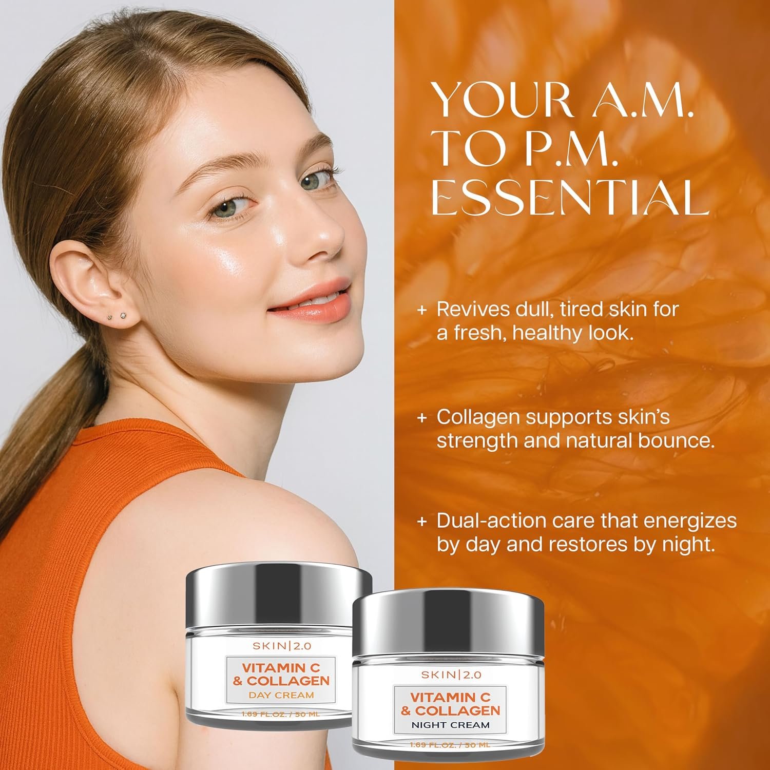 Skin 2.0 Vitamin C & Collagen Face Moisturizer – Anti Aging Day & Night Cream for Smooth & Radiant Skin, Firms & Restores Dull Complexion – Dermatologist Tested, Korean Skin Care Set, Vegan – Duo Pack - Image 4