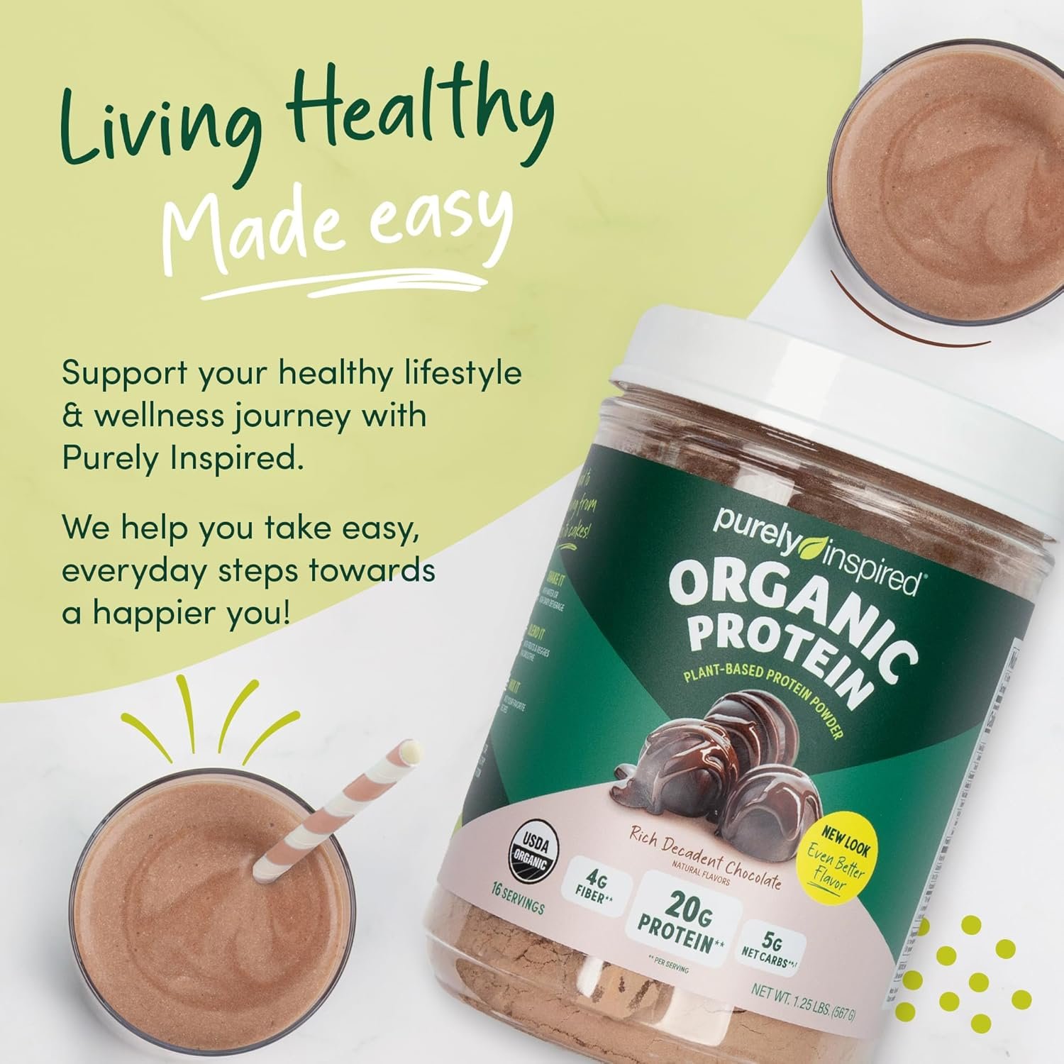 Purely Inspired Plant-Based Protein Powder for Men & Women, Rich Decadent Chocolate (16 Servings) - Vegan & Organic - 20g of Pea Protein Powder for Smoothies & Shakes - Dairy-Free, & Gluten-Free - Image 6