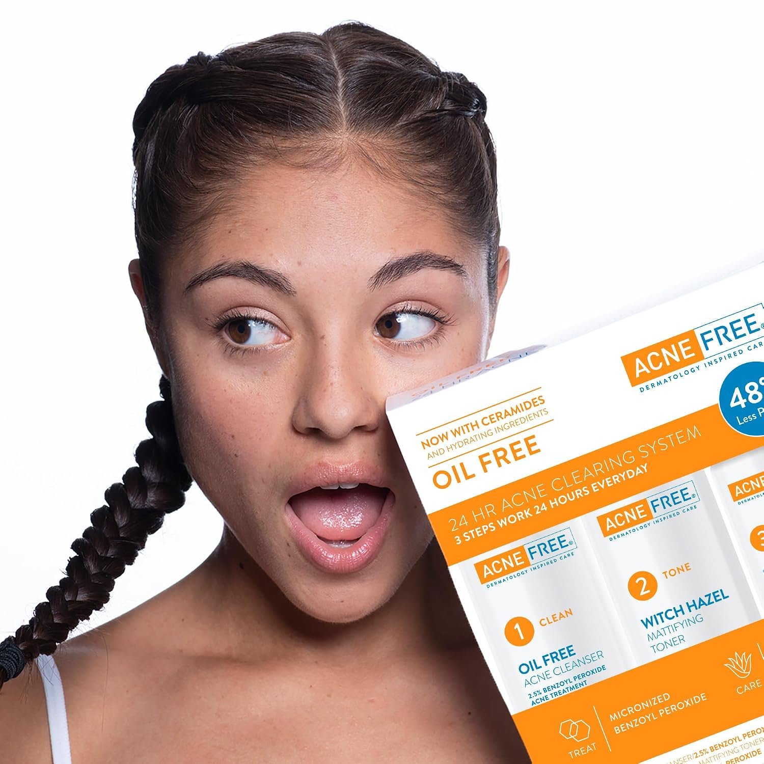 Acne Free 3 Step 24 Hour Acne Treatment Kit - Clearing System W Oil Free Acne Cleanser, Witch Hazel Toner, & Oil Free Acne Lotion - Acne Solution W/ Benzoyl Peroxide for Teens and Adults - Original - Image 4