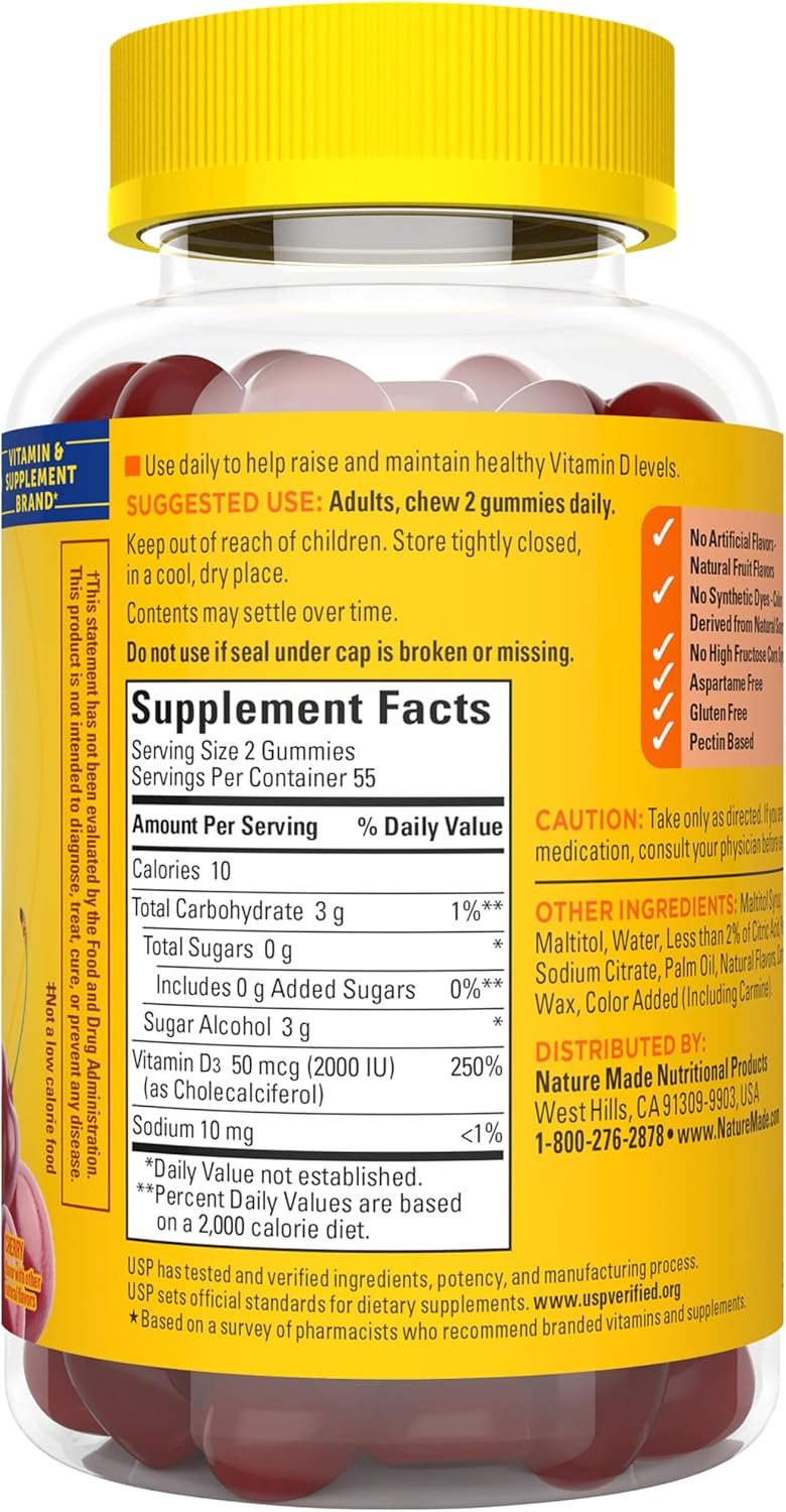 Nature Made Zero Sugar Vitamin D3 Gummies 2000 IU (50 mcg) Per Serving, Bone & Immune Support, Aspartame Free, 110 Vitamin D Gummies, 55 Day Supply - Image 12