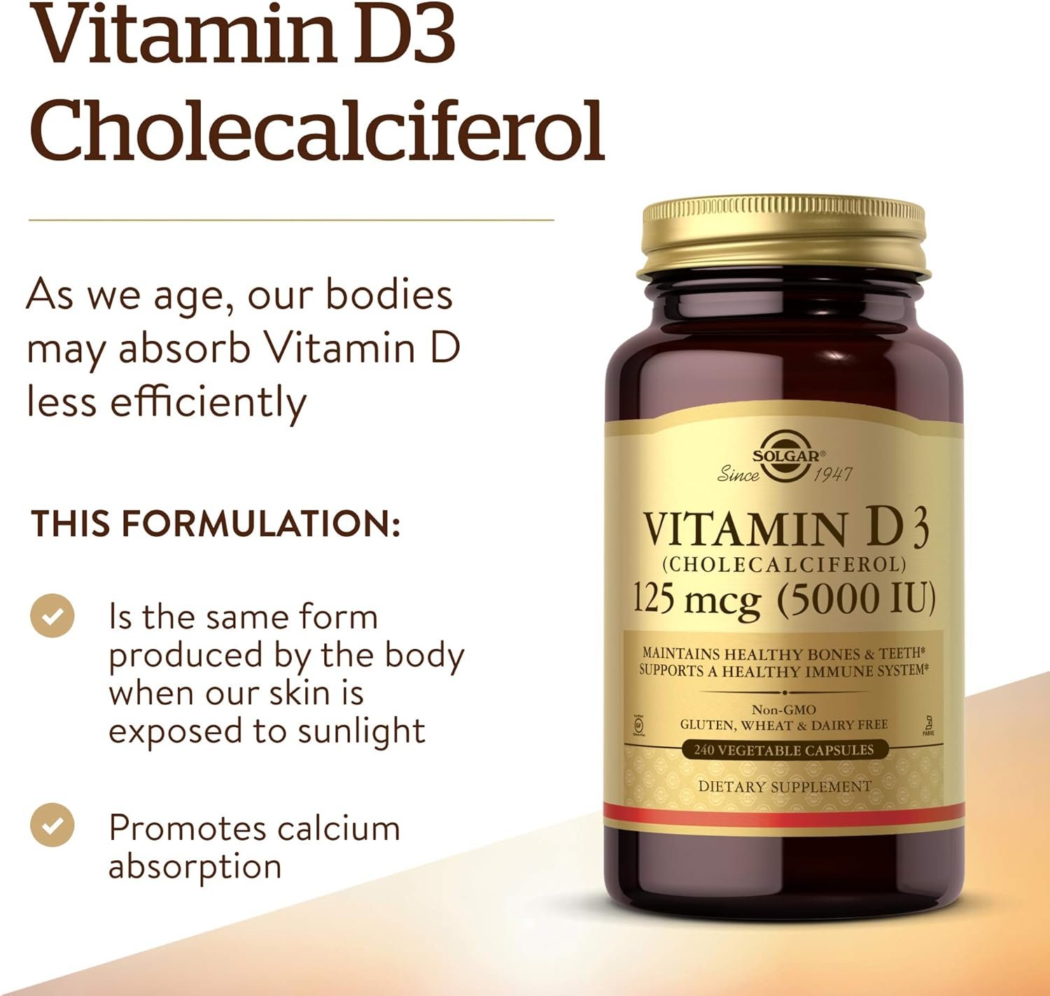 Solgar Vitamin D3 (Cholecalciferol) 125 mcg (5000 IU), 240 Vegetable Capsules - Helps Maintain Healthy Bones & Teeth - Immune System Support - Non-GMO, Gluten Free - 240 Total Servings - Image 3