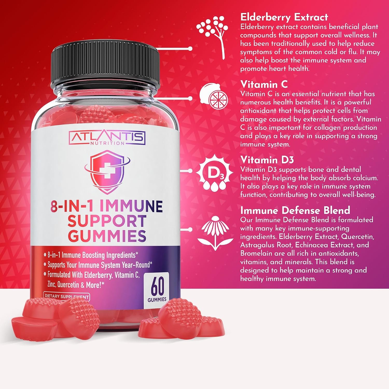 Atlantis Nutrition 8-in-1 Immune Support Gummies with Elderberry | Immune Supplement with Elderberry, Quercetin, Zinc, Vitamin C - Immunity Boosters for Adults & Kids - Delicious Flavor - 60 Count - Image 2