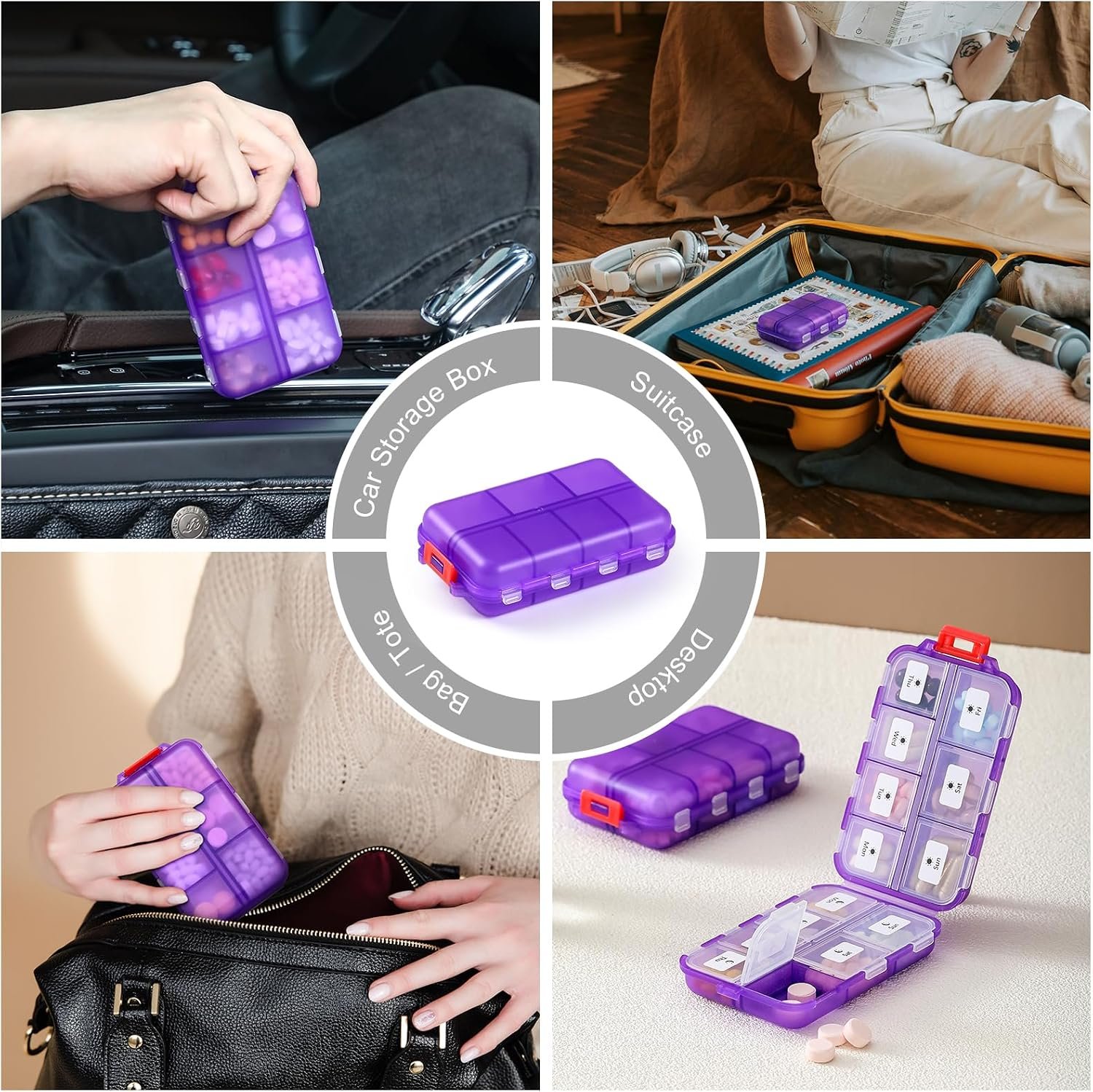 14 GRIDS Travel Pill Organizer Box with Labels - Travel Medicine Case Kit - Pocket Daily Pharmacy Container - Travel Medication Holder Dispenser for Fish Oil Vitamin Supplement Storage - Clear Purple - Image 7