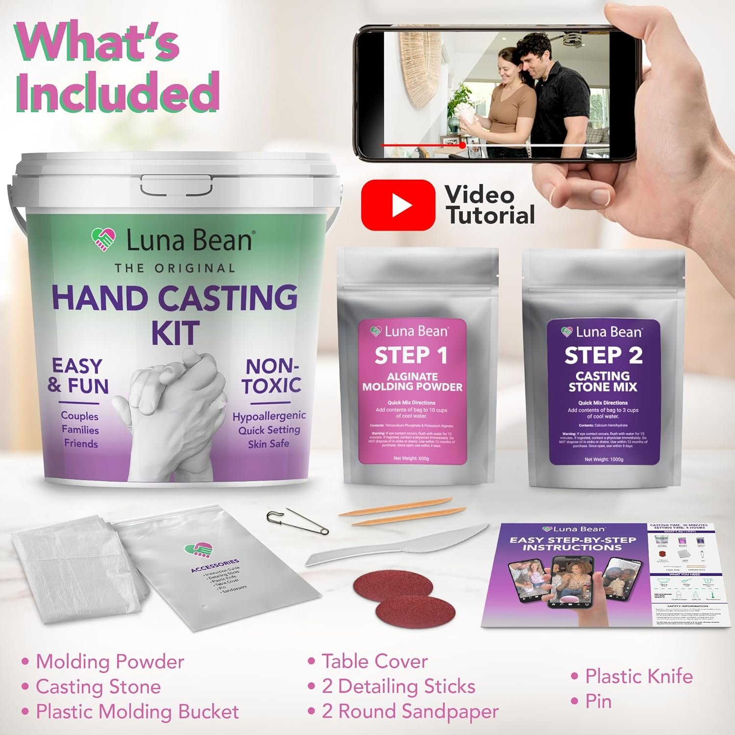 Luna Bean Hand Casting Kit – The Original Hand Mold Kit for Couples – Fathers Day Gift for Dad - Anniversary Engagement Birthday Gifts for Women Men Mom Wife Boyfriend Girlfriend Wedding Bridal Shower - Image 6